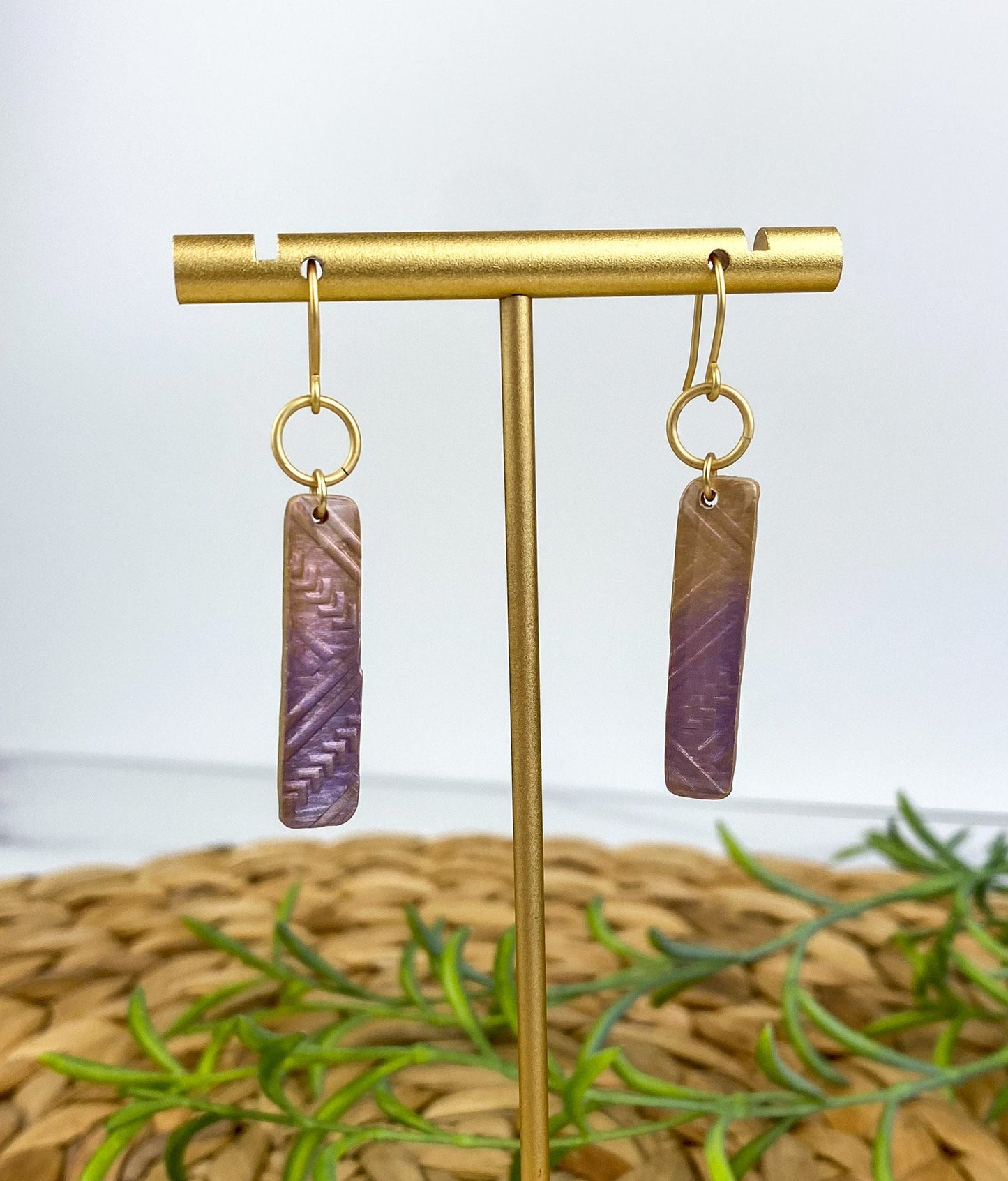 Light Pink & Purple Textured Clay Stick | Linear Shape Drop Earring | Lightweight Clay Dangle Earring | Light Shine