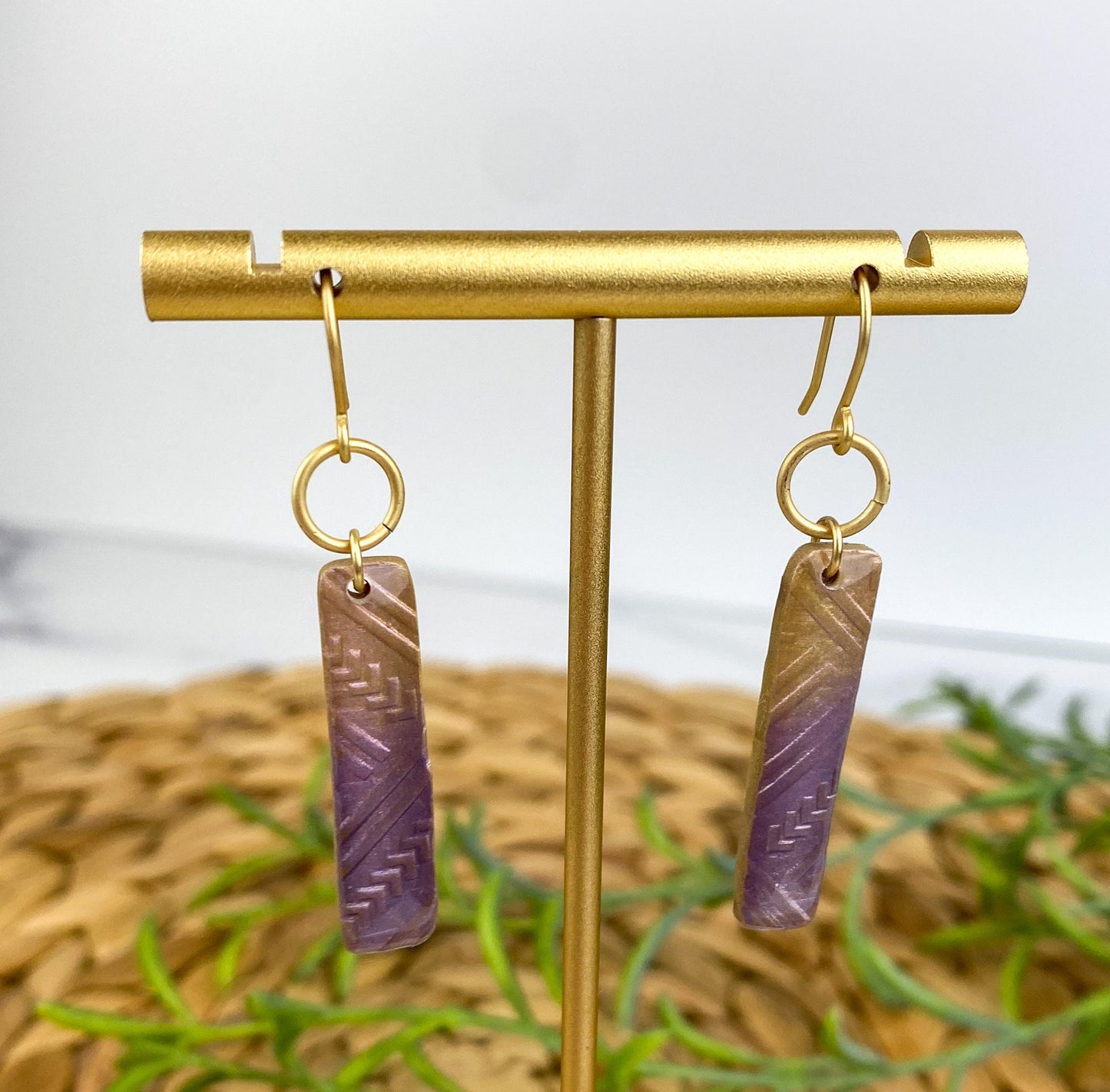 Light Pink & Purple Textured Clay Stick | Linear Shape Drop Earring | Lightweight Clay Dangle Earring | Light Shine