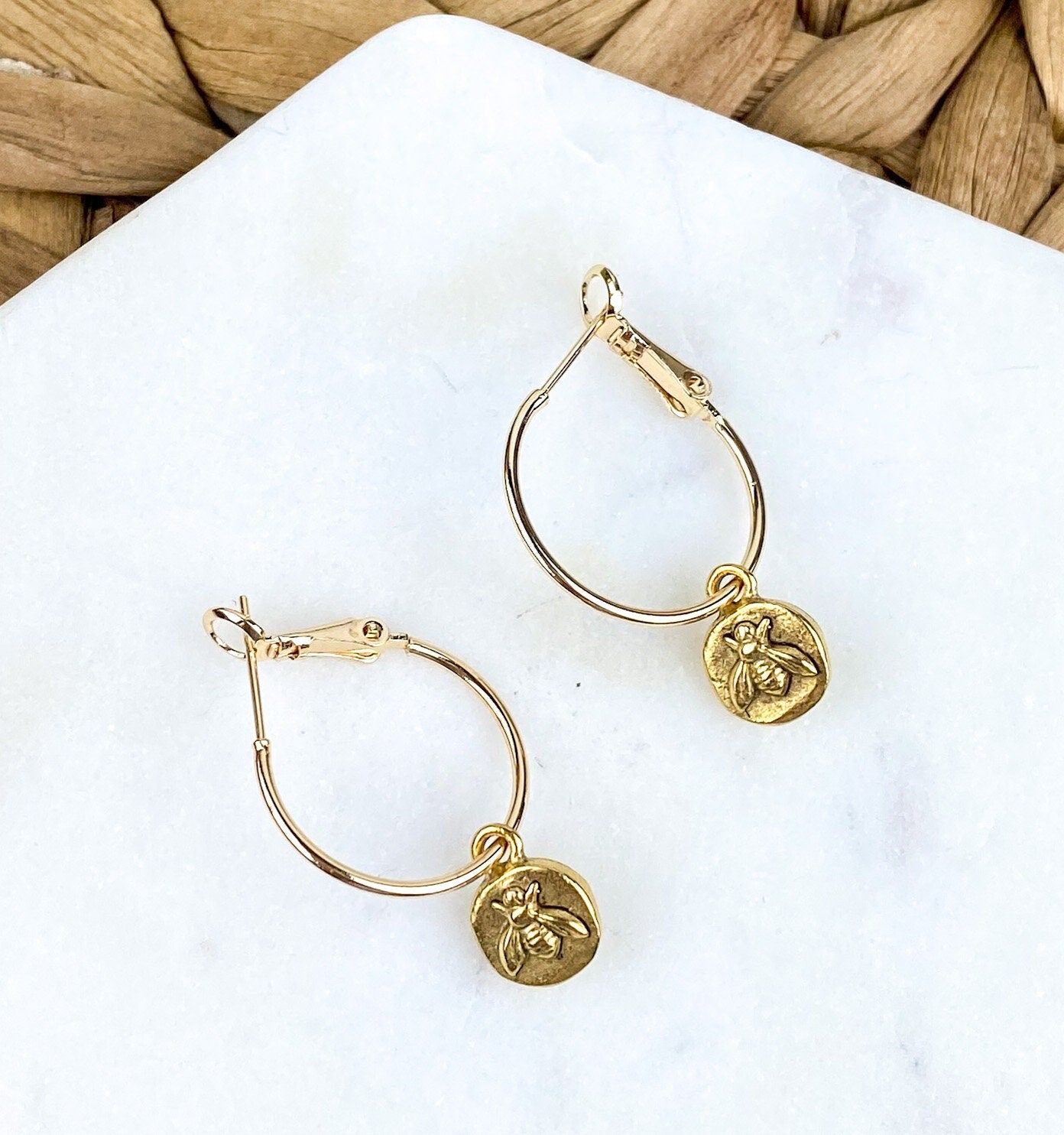 Cute Tiny Bee Earring, Nickel-Free Gold Plated Brass- Light Shine Jewelry, Lightweight Fun Hoop Earring | Bumble Bee Summer Earring