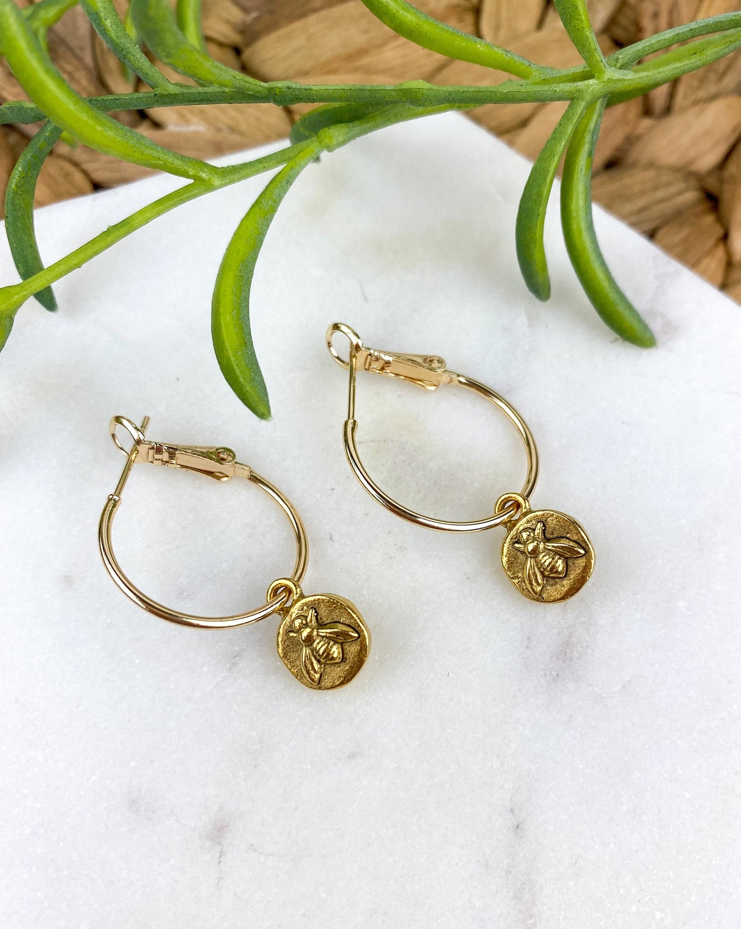 Cute Tiny Bee Earring, Nickel-Free Gold Plated Brass- Light Shine Jewelry, Lightweight Fun Hoop Earring | Bumble Bee Summer Earring