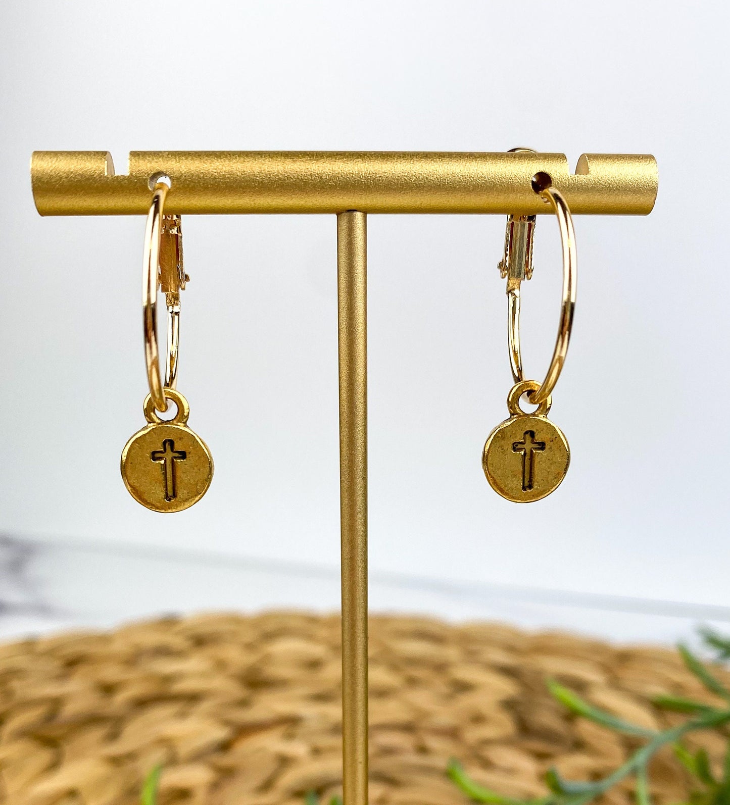 Cute Tiny Cross Earring, Nickel-Free Gold Plated Brass- Light Shine Jewelry, Lightweight Fun Hoop Earring | Summer Christian Drop