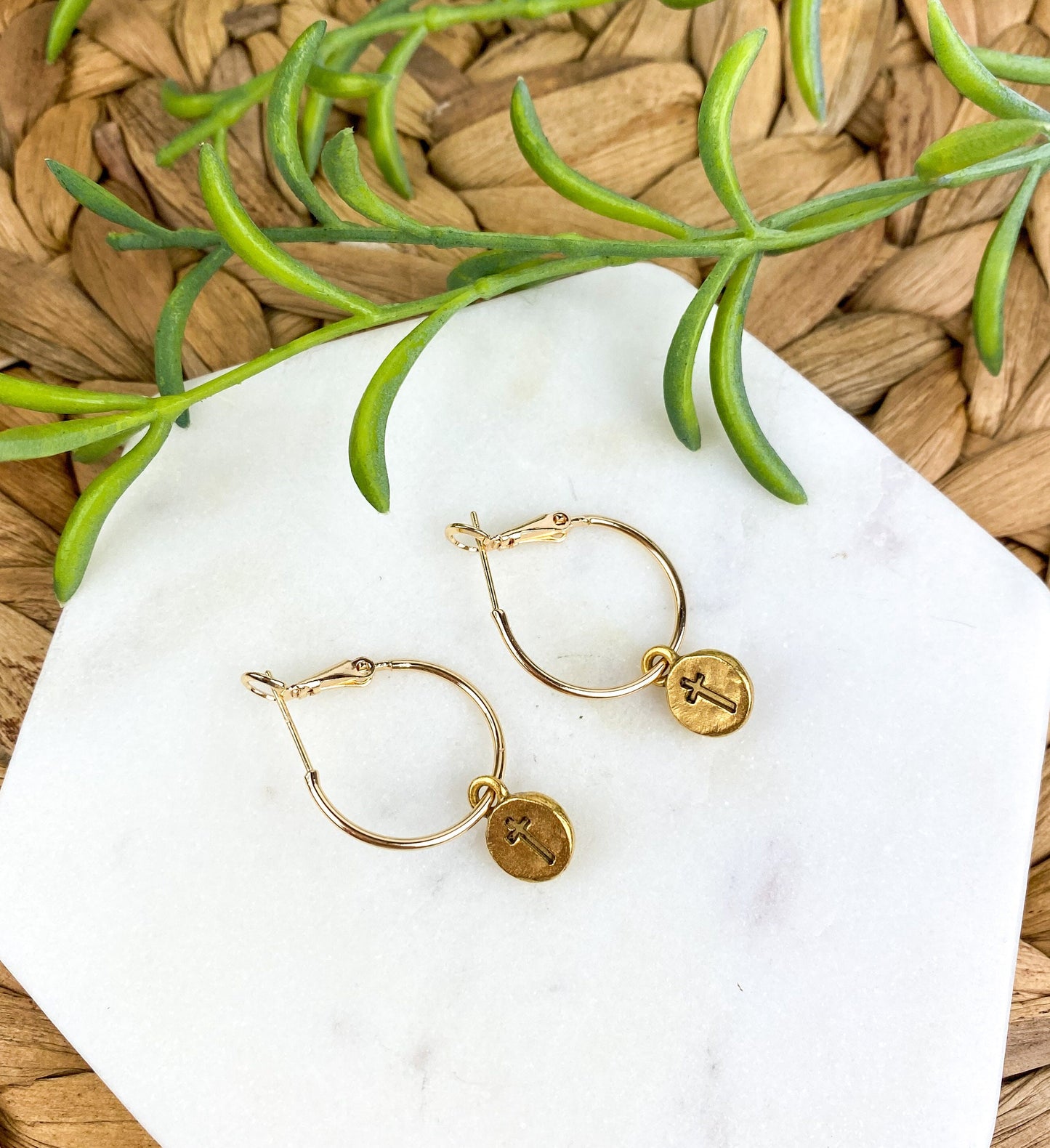 Cute Tiny Cross Earring, Nickel-Free Gold Plated Brass- Light Shine Jewelry, Lightweight Fun Hoop Earring | Summer Christian Drop
