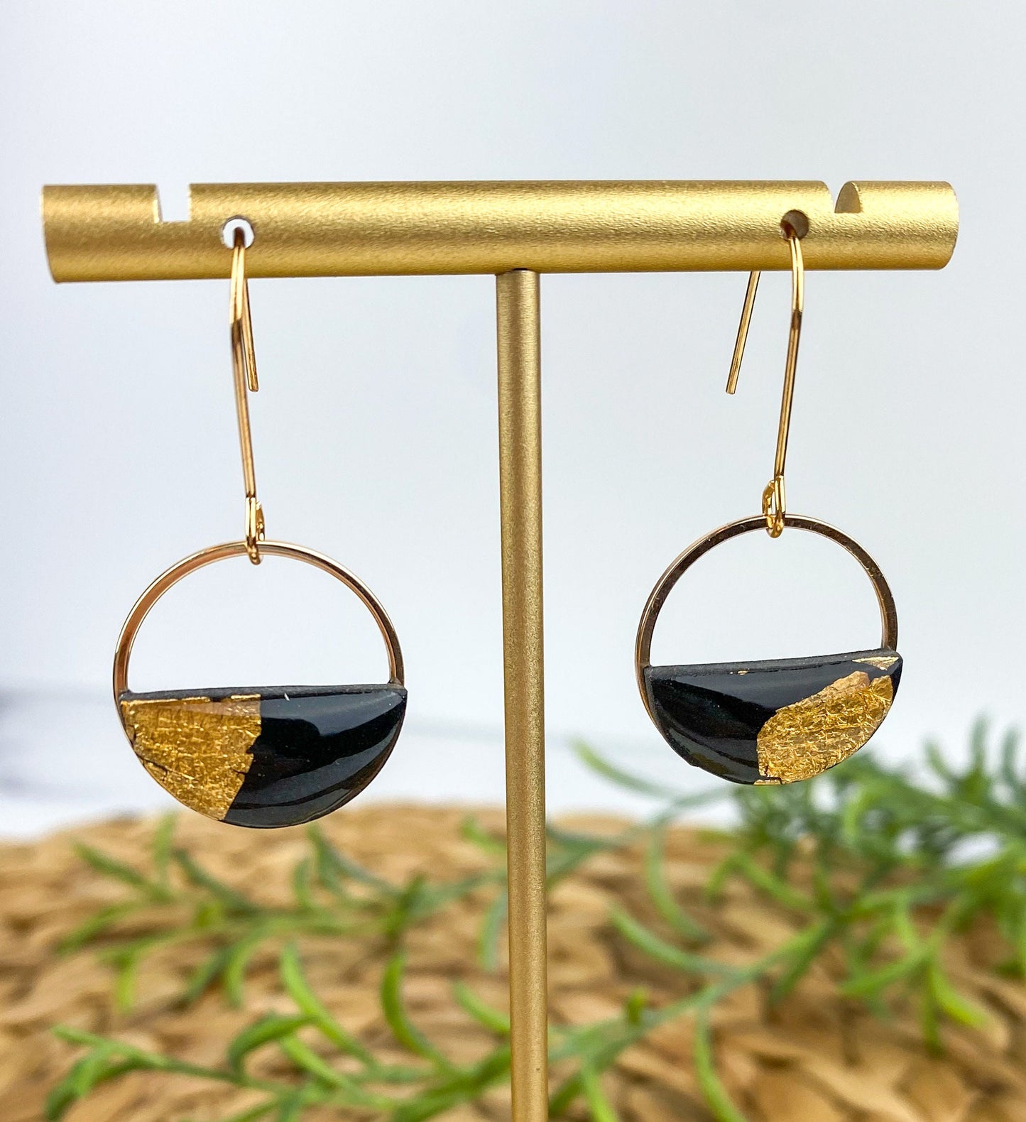Half Circle Clay Statement Earring, Black and Gold Clay Drop Earring, Modern Lightweight Clay Earring, Light Shine Jewelry