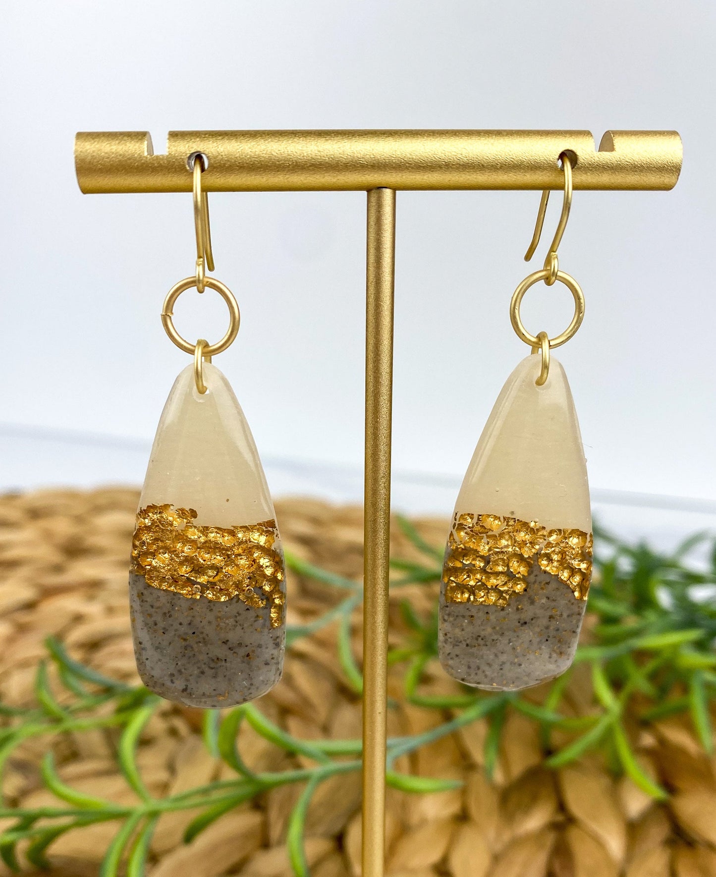 Gray & Neutral, Hammered Gold Look Clay Dagger Shape Drop Earring | Textured Clay Dangle Earring