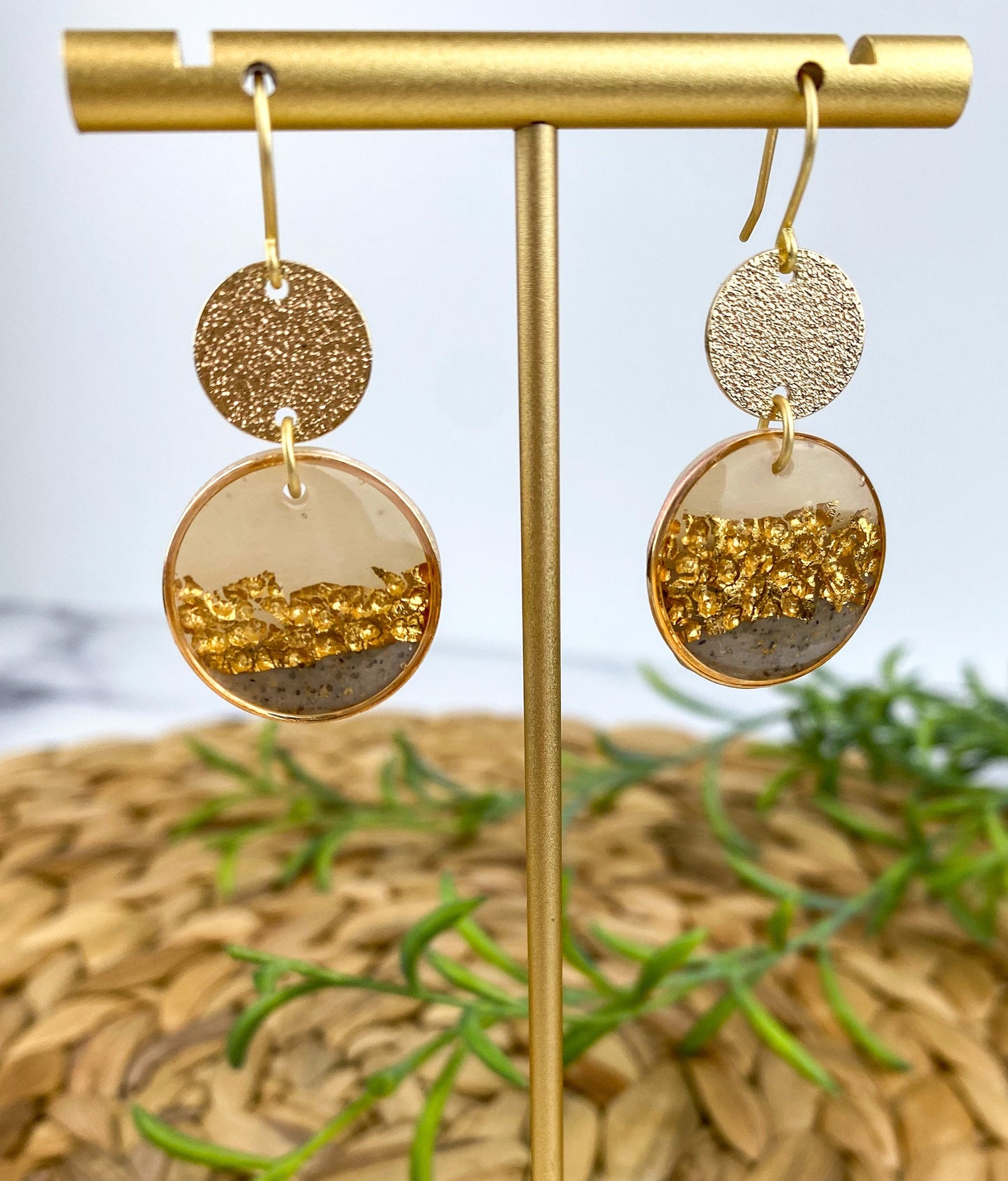 Gray & Neutral, Hammered Gold Look Clay Lynda Circle Shape Drop Earring | Textured Clay Dangle Earring