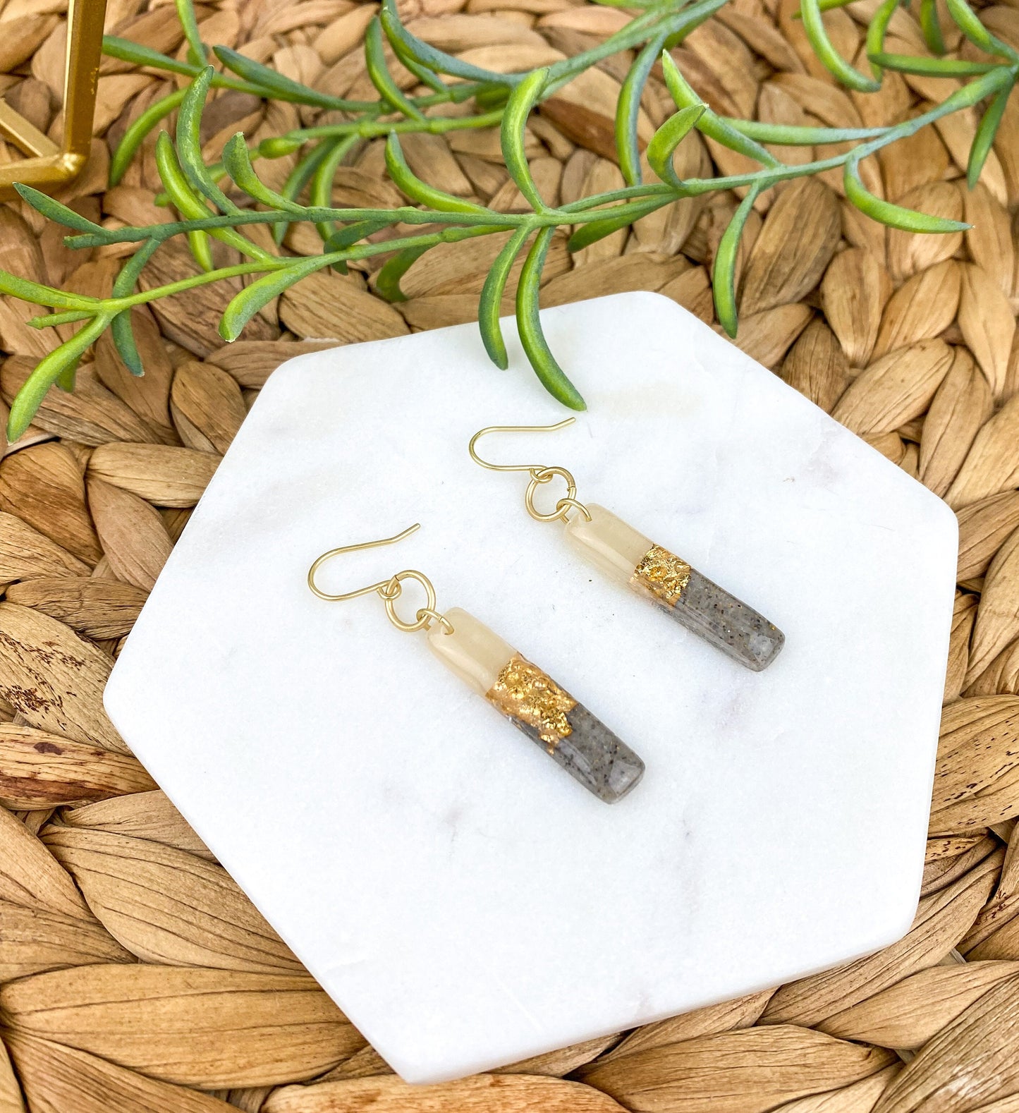 Gray & Neutral, Hammered Gold Look Clay Lynda Stick | Linear Shape Drop Earring | Textured Clay Dangle Earring