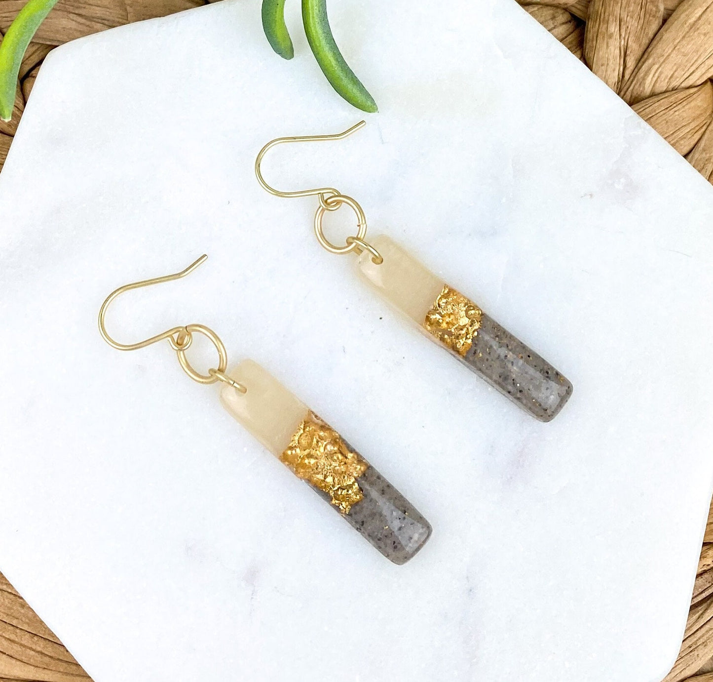 Gray & Neutral, Hammered Gold Look Clay Lynda Stick | Linear Shape Drop Earring | Textured Clay Dangle Earring