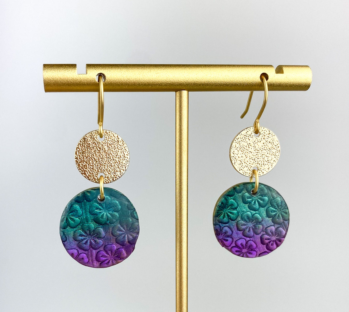 Purple and Turquoise Clay Lynda Circle Shape Drop Earring | Textured Clay Dangle Earring | Light Shine Jewelry | Nickel-Free Statement