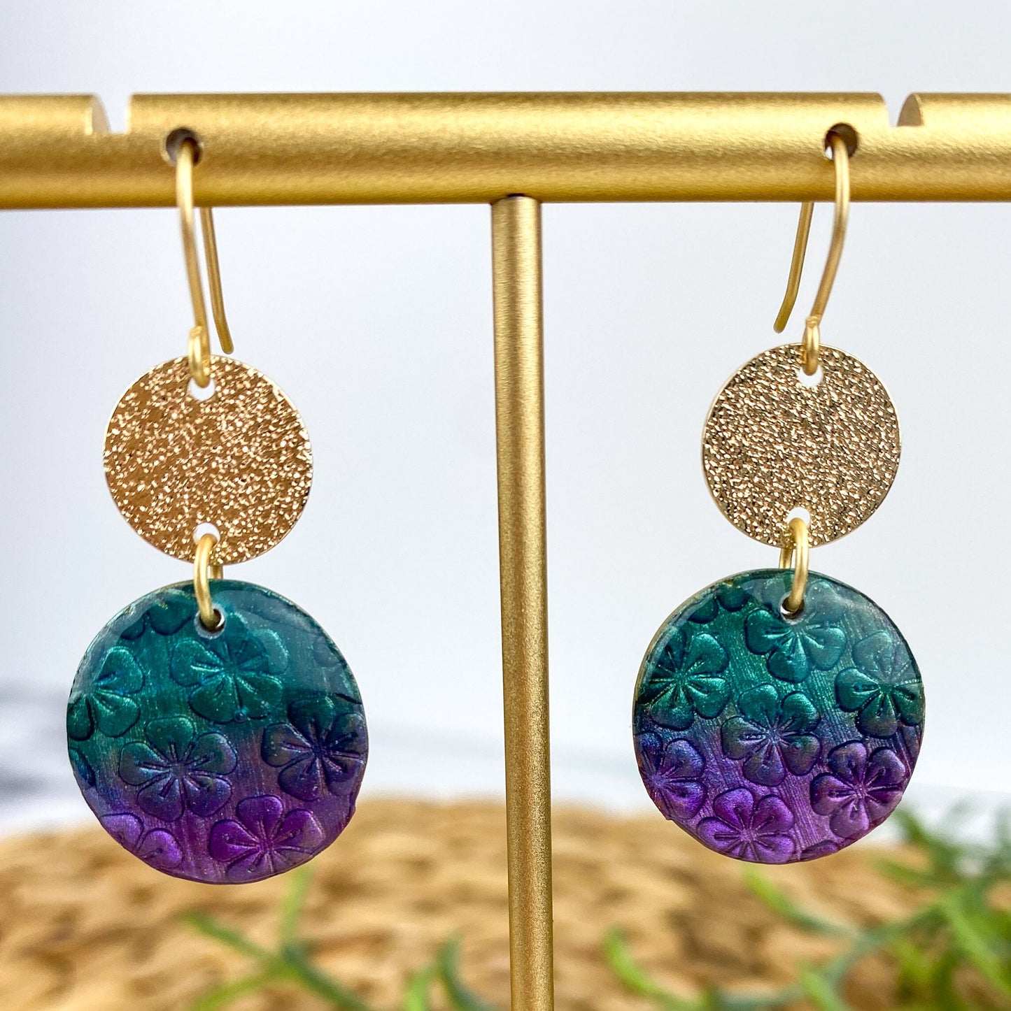 Purple and Turquoise Clay Lynda Circle Shape Drop Earring | Textured Clay Dangle Earring | Light Shine Jewelry | Nickel-Free Statement