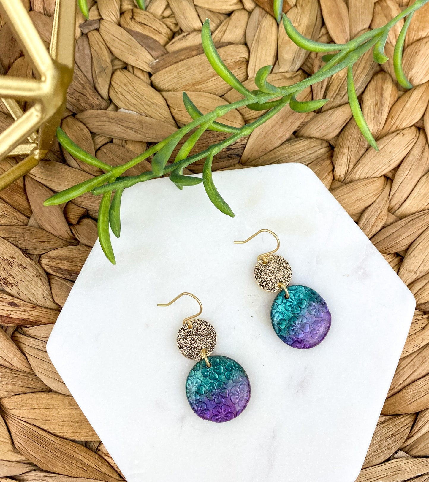 Purple and Turquoise Clay Lynda Circle Shape Drop Earring | Textured Clay Dangle Earring | Light Shine Jewelry | Nickel-Free Statement
