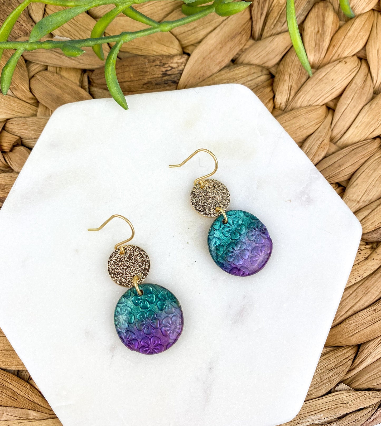 Purple and Turquoise Clay Lynda Circle Shape Drop Earring | Textured Clay Dangle Earring | Light Shine Jewelry | Nickel-Free Statement