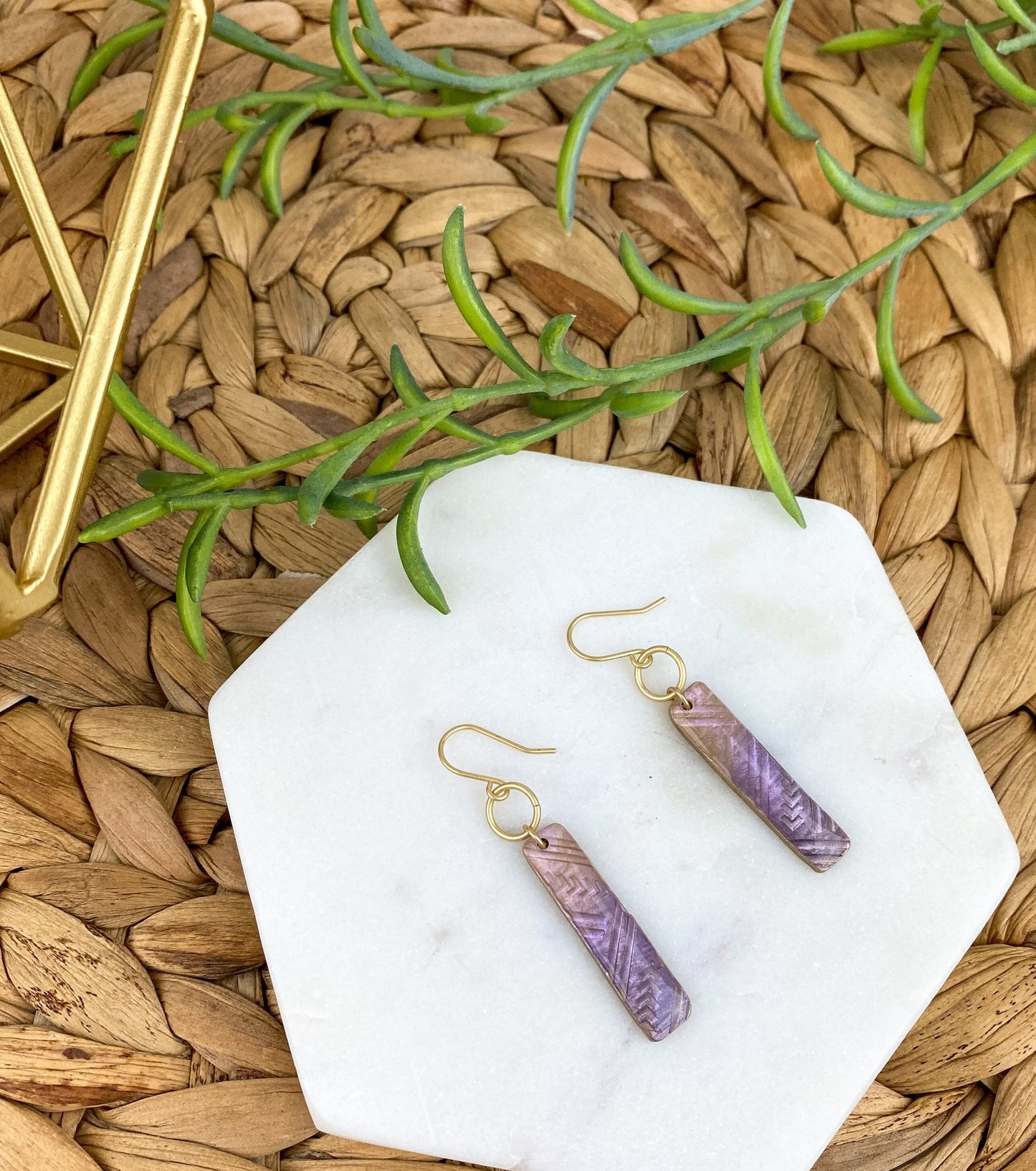 Light Pink & Purple Textured Clay Stick | Linear Shape Drop Earring | Lightweight Clay Dangle Earring | Light Shine