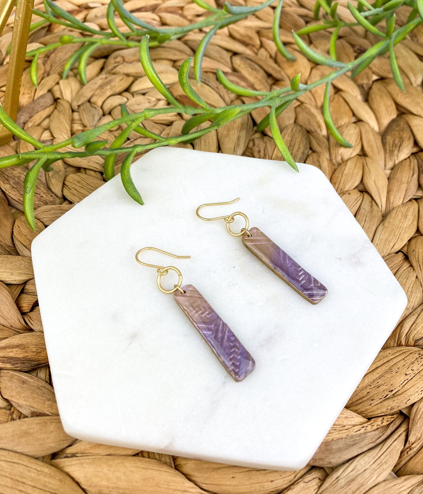 Light Pink & Purple Textured Clay Stick | Linear Shape Drop Earring | Lightweight Clay Dangle Earring | Light Shine