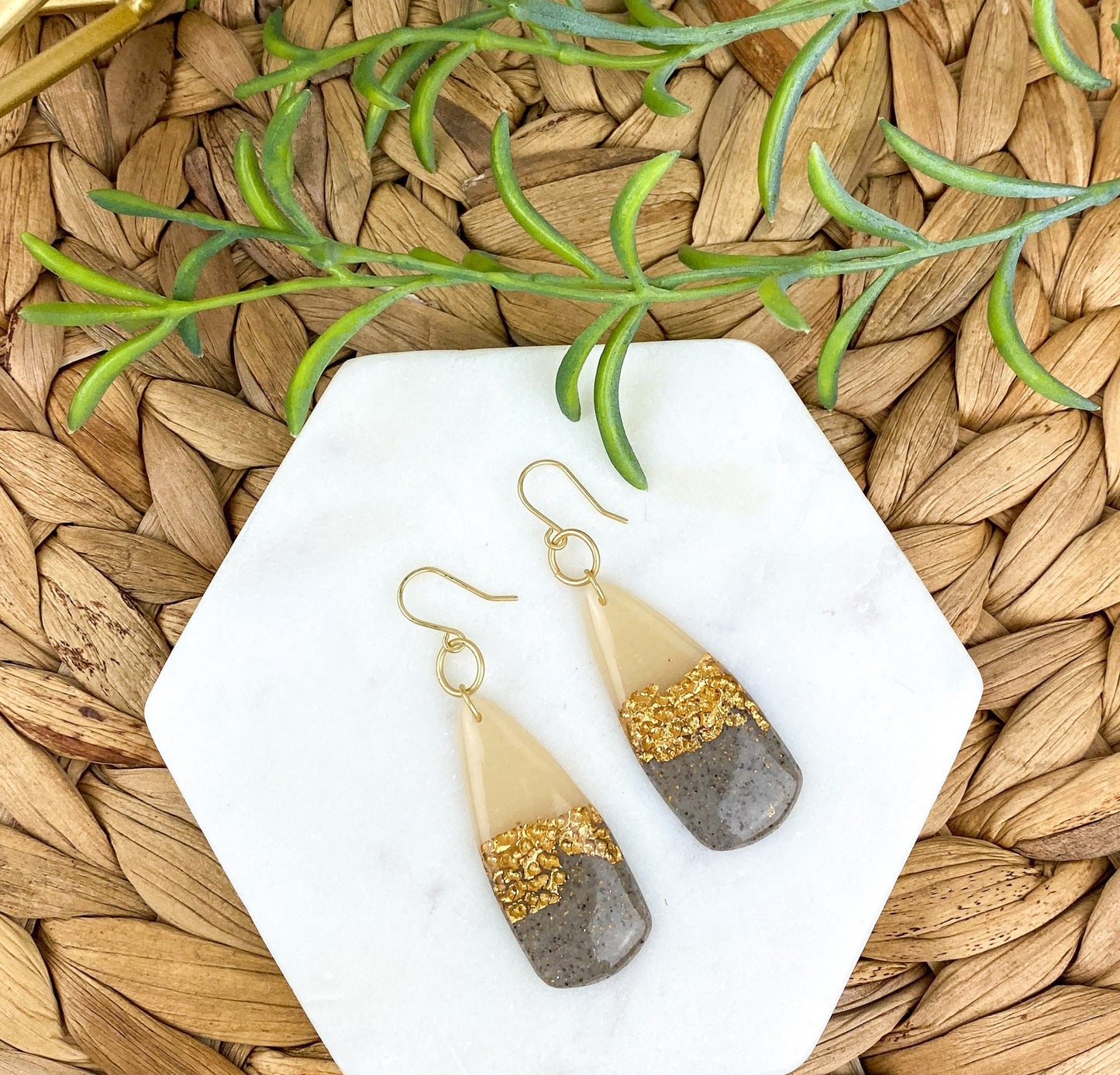 Gray & Neutral, Hammered Gold Look Clay Dagger Shape Drop Earring | Textured Clay Dangle Earring