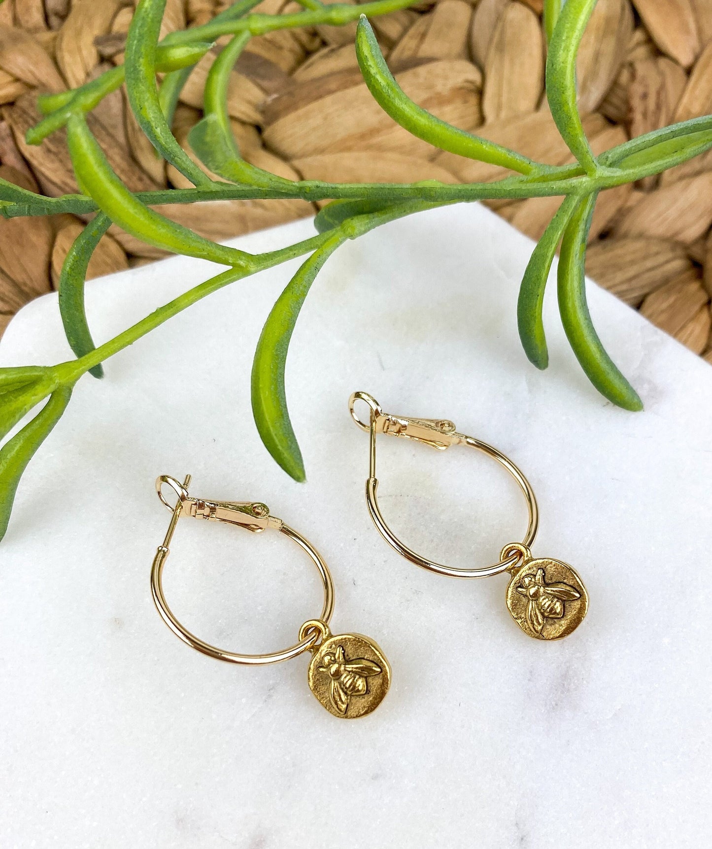 Cute Tiny Bee Earring, Nickel-Free Gold Plated Brass- Light Shine Jewelry, Lightweight Fun Hoop Earring | Bumble Bee Summer Earring