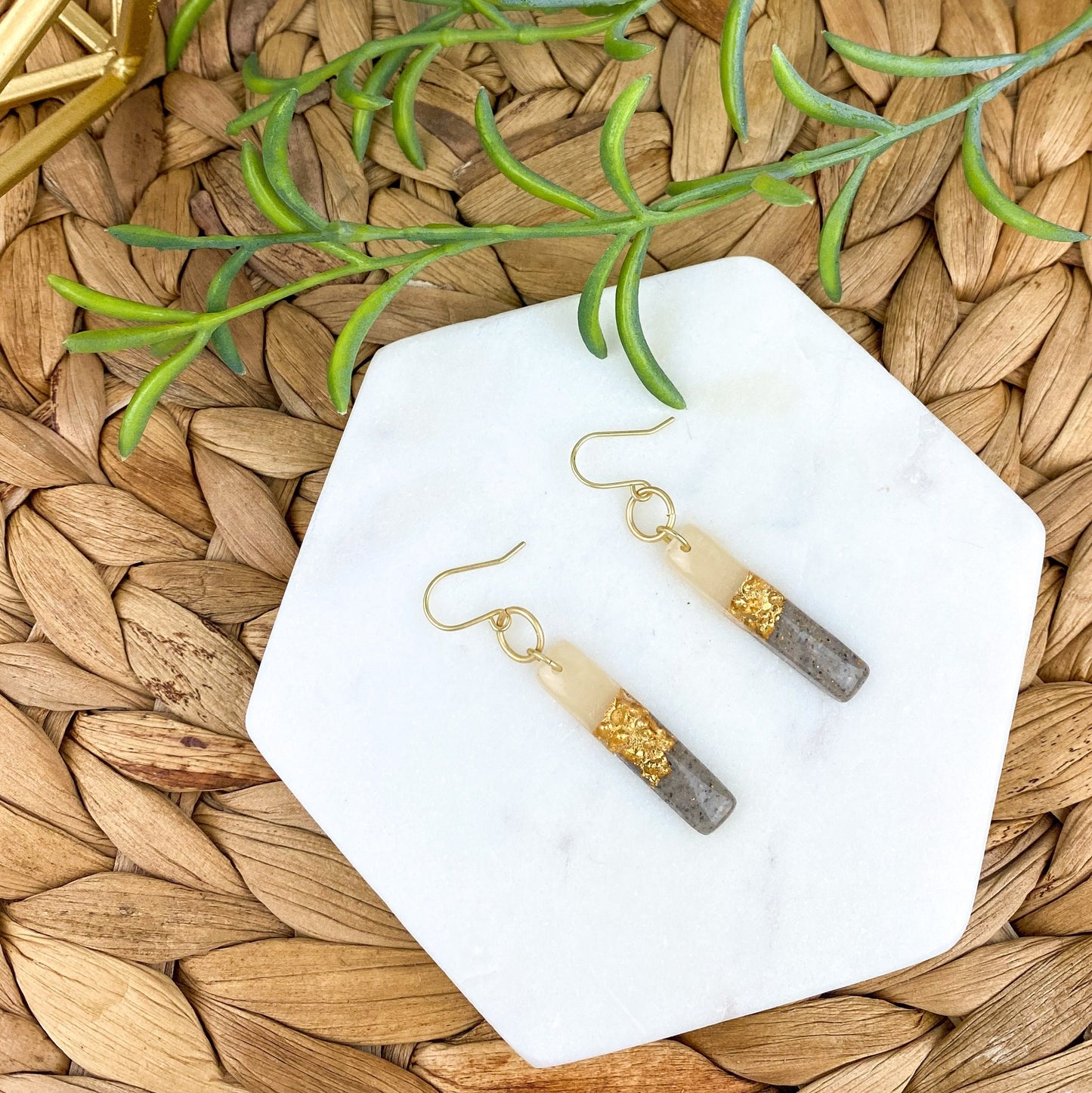 Gray & Neutral, Hammered Gold Look Clay Lynda Stick | Linear Shape Drop Earring | Textured Clay Dangle Earring