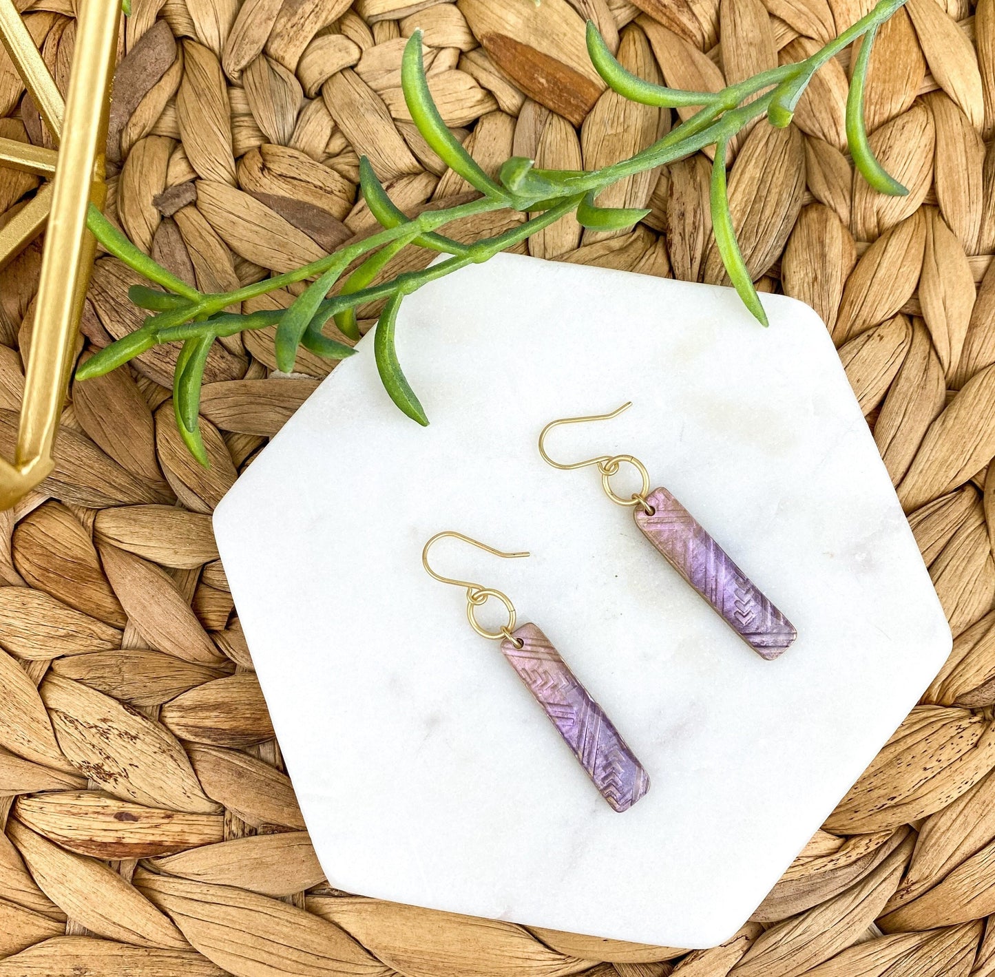 Light Pink & Purple Textured Clay Stick | Linear Shape Drop Earring | Lightweight Clay Dangle Earring | Light Shine