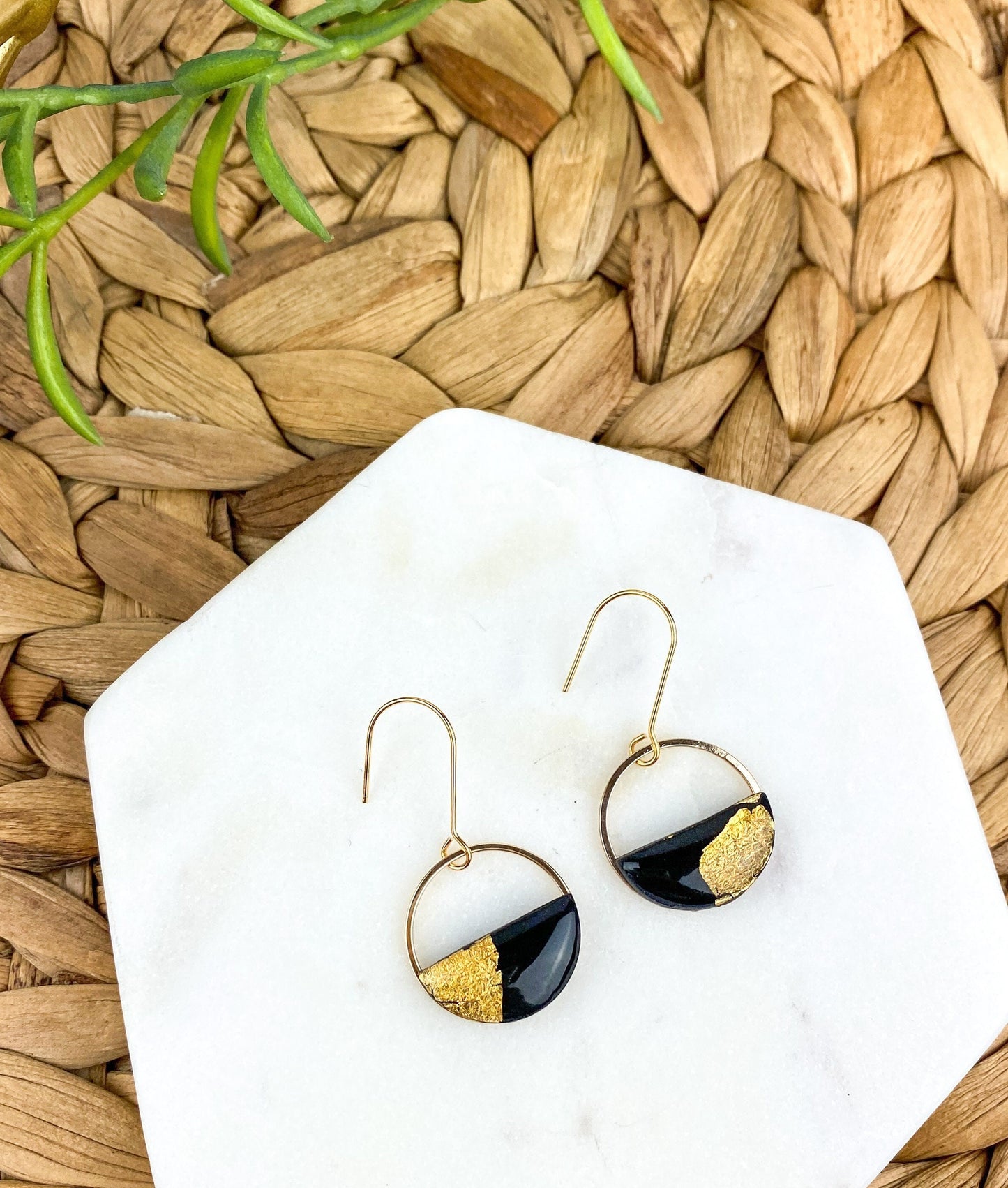 Half Circle Clay Statement Earring, Black and Gold Clay Drop Earring, Modern Lightweight Clay Earring, Light Shine Jewelry