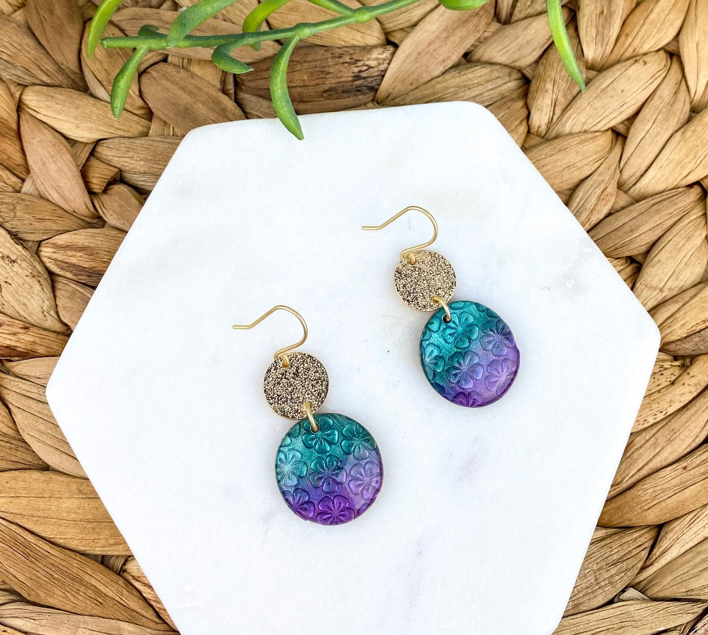 Purple and Turquoise Clay Lynda Circle Shape Drop Earring | Textured Clay Dangle Earring | Light Shine Jewelry | Nickel-Free Statement
