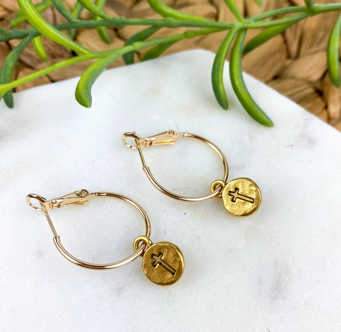 Cute Tiny Cross Earring, Nickel-Free Gold Plated Brass- Light Shine Jewelry, Lightweight Fun Hoop Earring | Summer Christian Drop