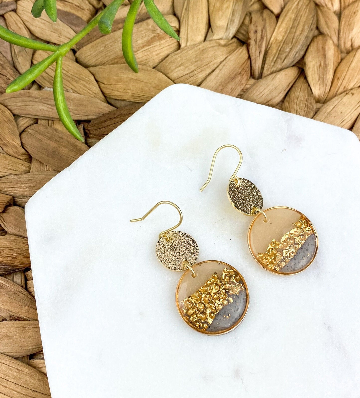 Gray & Neutral, Hammered Gold Look Clay Lynda Circle Shape Drop Earring | Textured Clay Dangle Earring