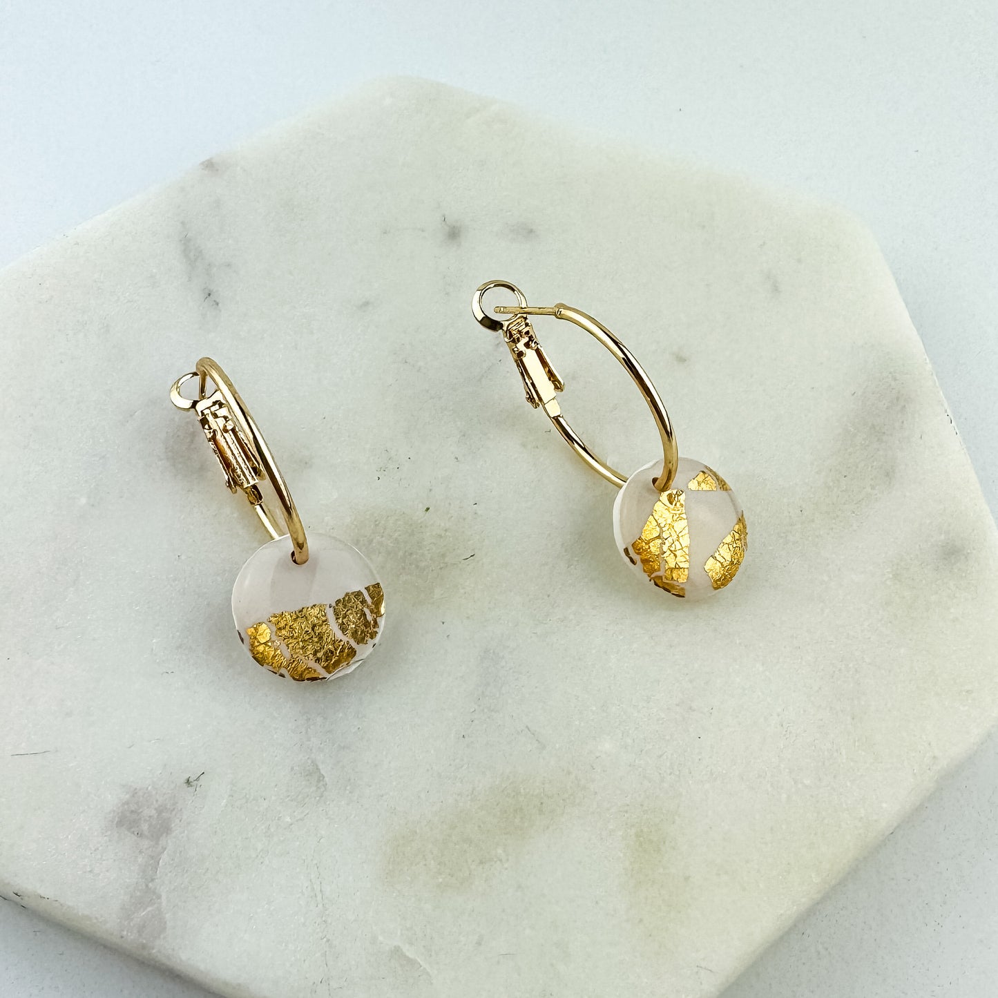 White Clay and Gold Leaf Hoop Earring, Cute Clay Statement Earring, Nickel-Free - Light Shine Jewelry, Leverback Hoop, Small Clay Earring