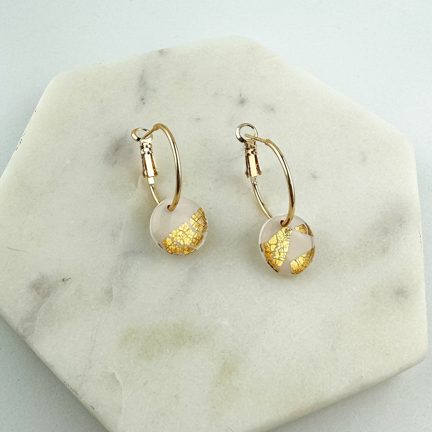 White Clay and Gold Leaf Hoop Earring, Cute Clay Statement Earring, Nickel-Free - Light Shine Jewelry, Leverback Hoop, Small Clay Earring