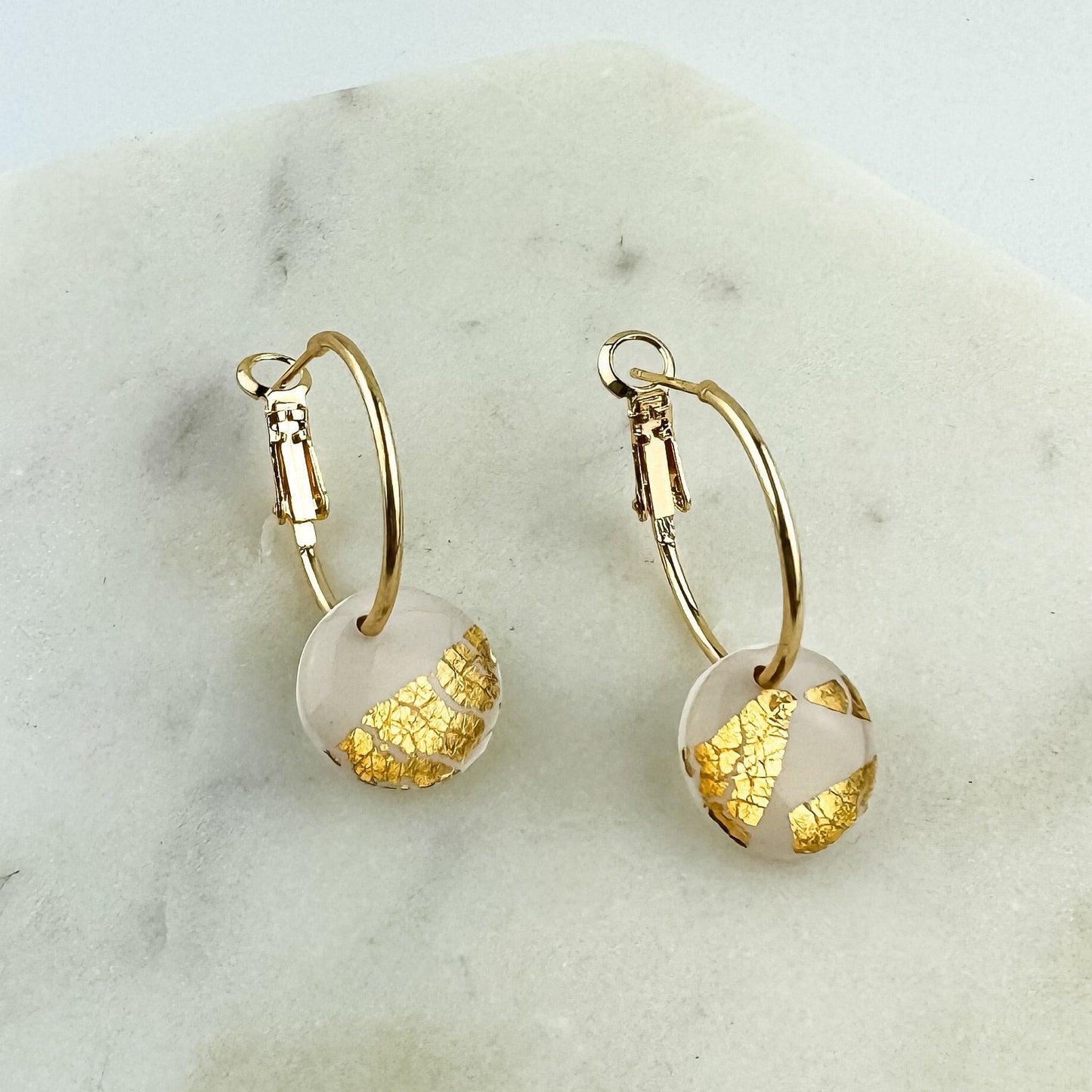White Clay and Gold Leaf Hoop Earring, Cute Clay Statement Earring, Nickel-Free - Light Shine Jewelry, Leverback Hoop, Small Clay Earring