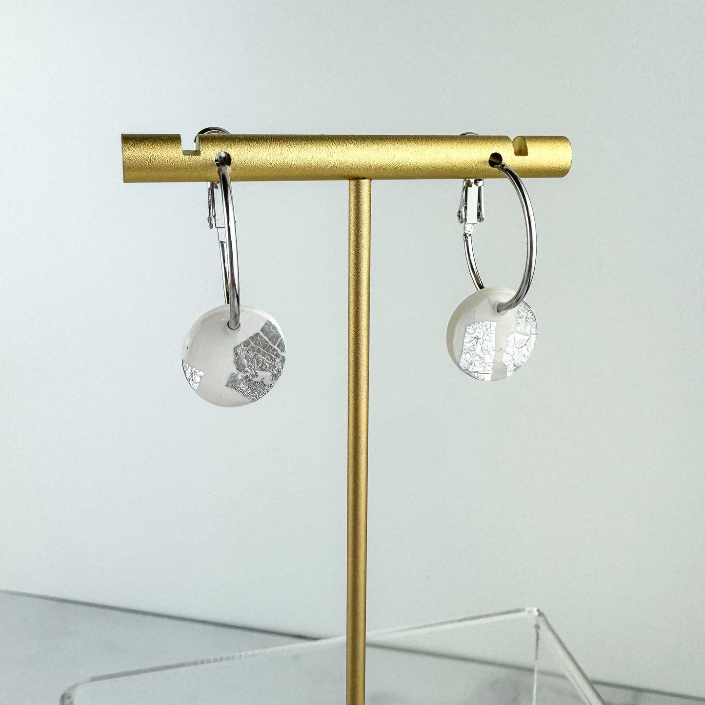 White Clay and Silver Leaf Hoop Earring, Cute Clay Statement Earring, Nickel-Free - Light Shine Jewelry, Leverback Hoop, Small Clay Earring