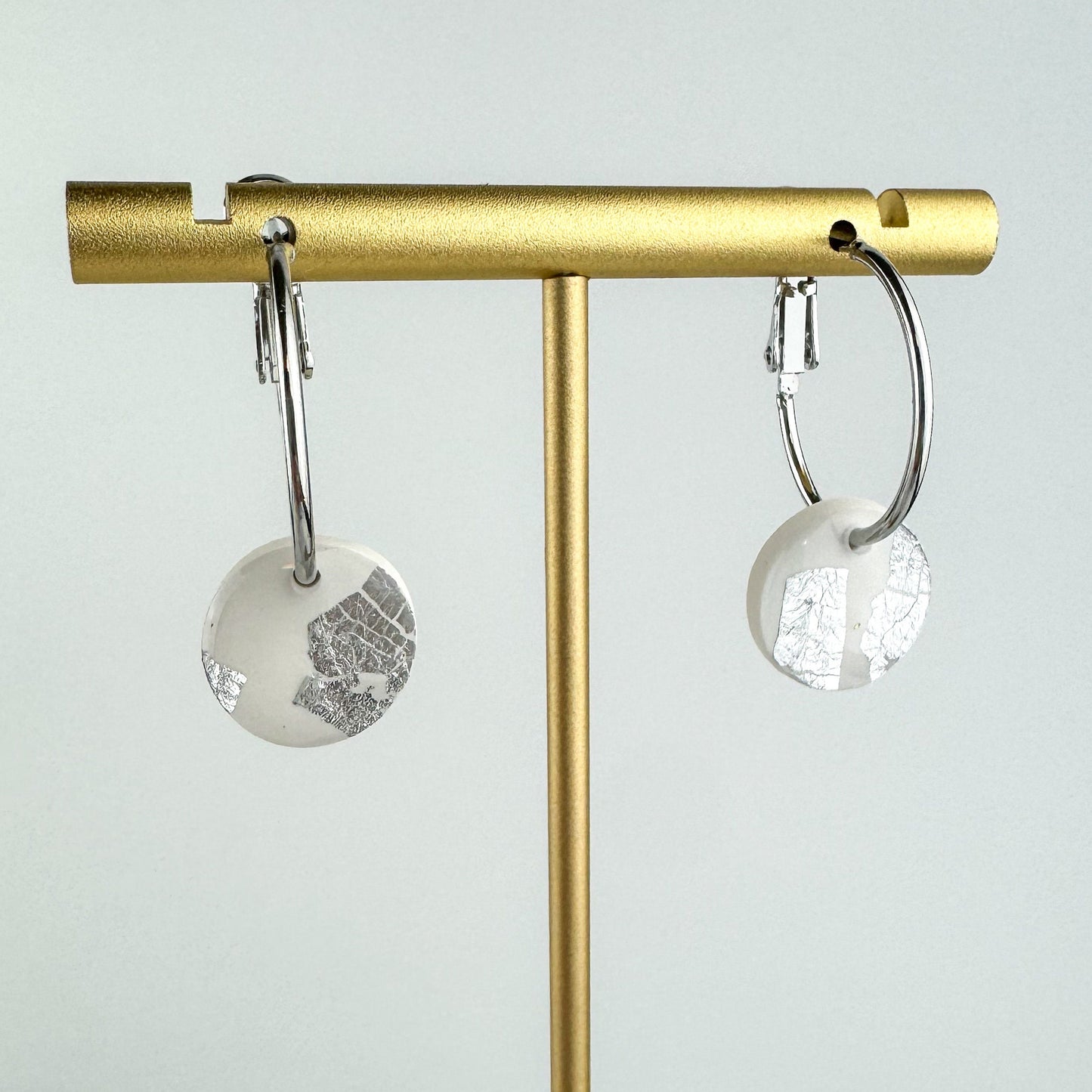 White Clay and Silver Leaf Hoop Earring, Cute Clay Statement Earring, Nickel-Free - Light Shine Jewelry, Leverback Hoop, Small Clay Earring