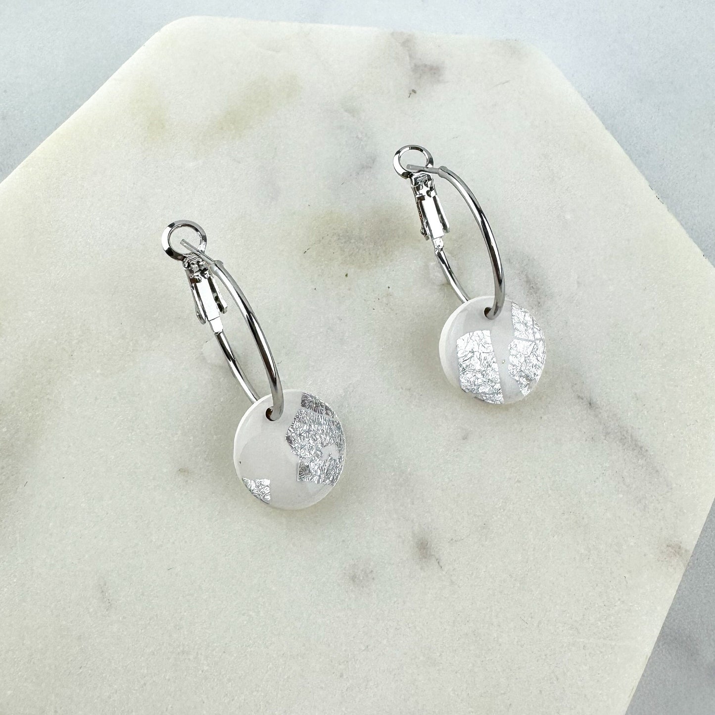 White Clay and Silver Leaf Hoop Earring, Cute Clay Statement Earring, Nickel-Free - Light Shine Jewelry, Leverback Hoop, Small Clay Earring