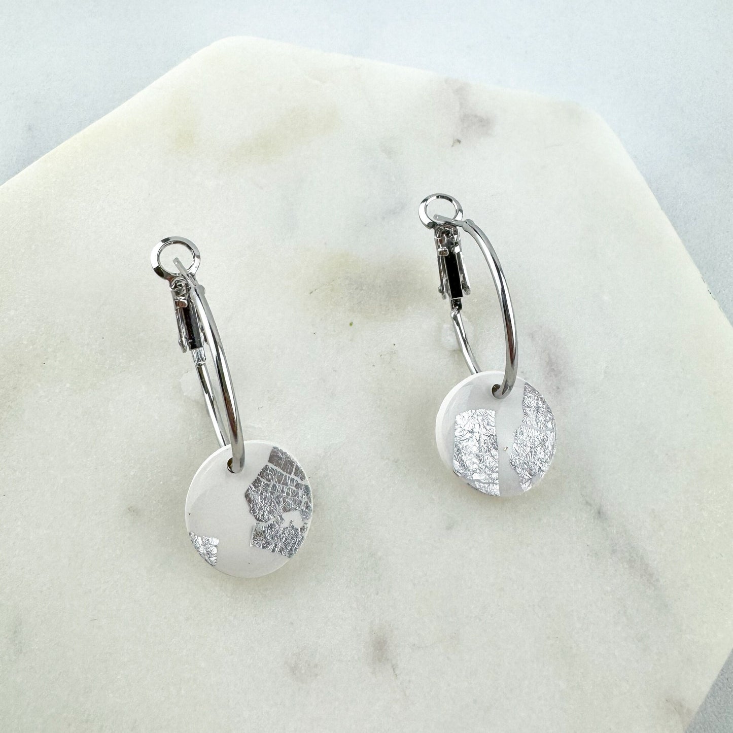 White Clay and Silver Leaf Hoop Earring, Cute Clay Statement Earring, Nickel-Free - Light Shine Jewelry, Leverback Hoop, Small Clay Earring
