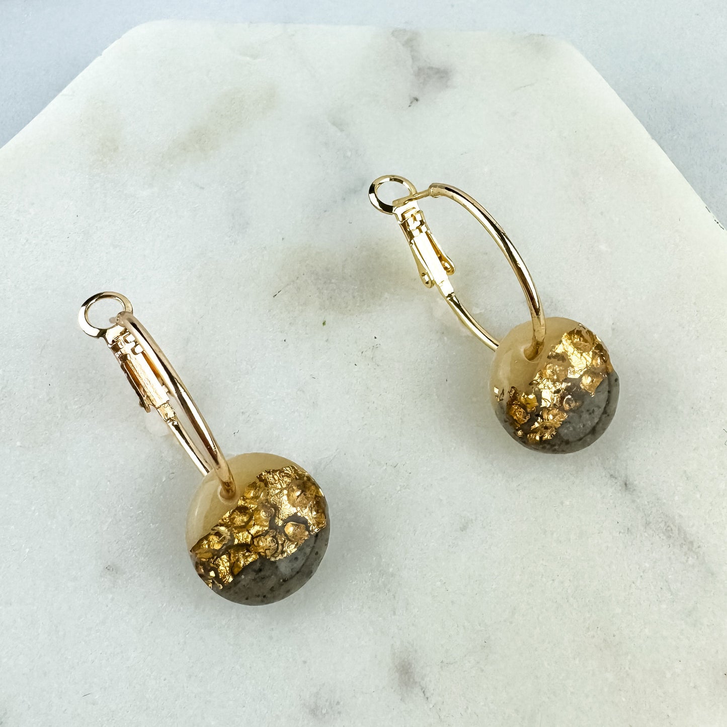 Hammered Gold Leaf and Clay Hoop Earring, Cute Clay Statement Earring, Nickel-Free - Light Shine Jewelry, Leverback Hoop, Small Clay Earring