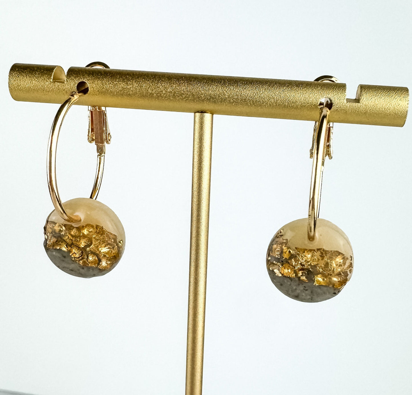 Hammered Gold Leaf and Clay Hoop Earring, Cute Clay Statement Earring, Nickel-Free - Light Shine Jewelry, Leverback Hoop, Small Clay Earring