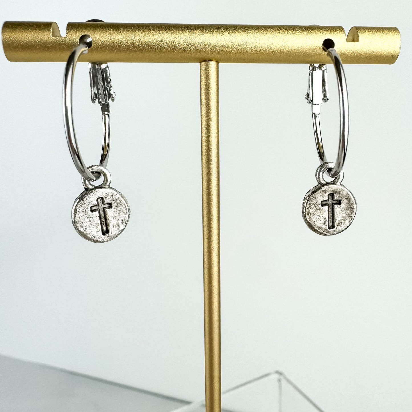 Cute Tiny Cross Earring, Nickel-Free Silver Plated Pewter- Light Shine Jewelry, Lightweight Fun Hoop Earring | Summer Christian Drop