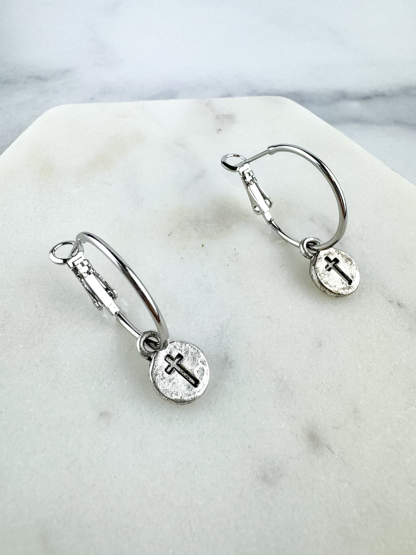 Cute Tiny Cross Earring, Nickel-Free Silver Plated Pewter- Light Shine Jewelry, Lightweight Fun Hoop Earring | Summer Christian Drop