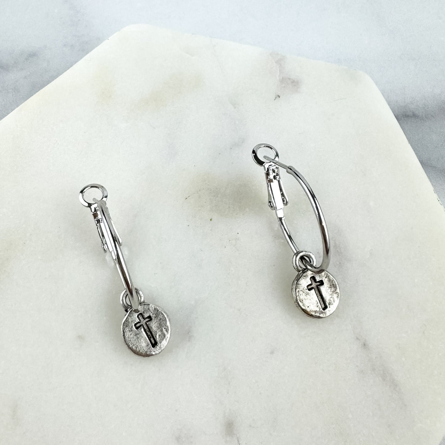 Cute Tiny Cross Earring, Nickel-Free Silver Plated Pewter- Light Shine Jewelry, Lightweight Fun Hoop Earring | Summer Christian Drop