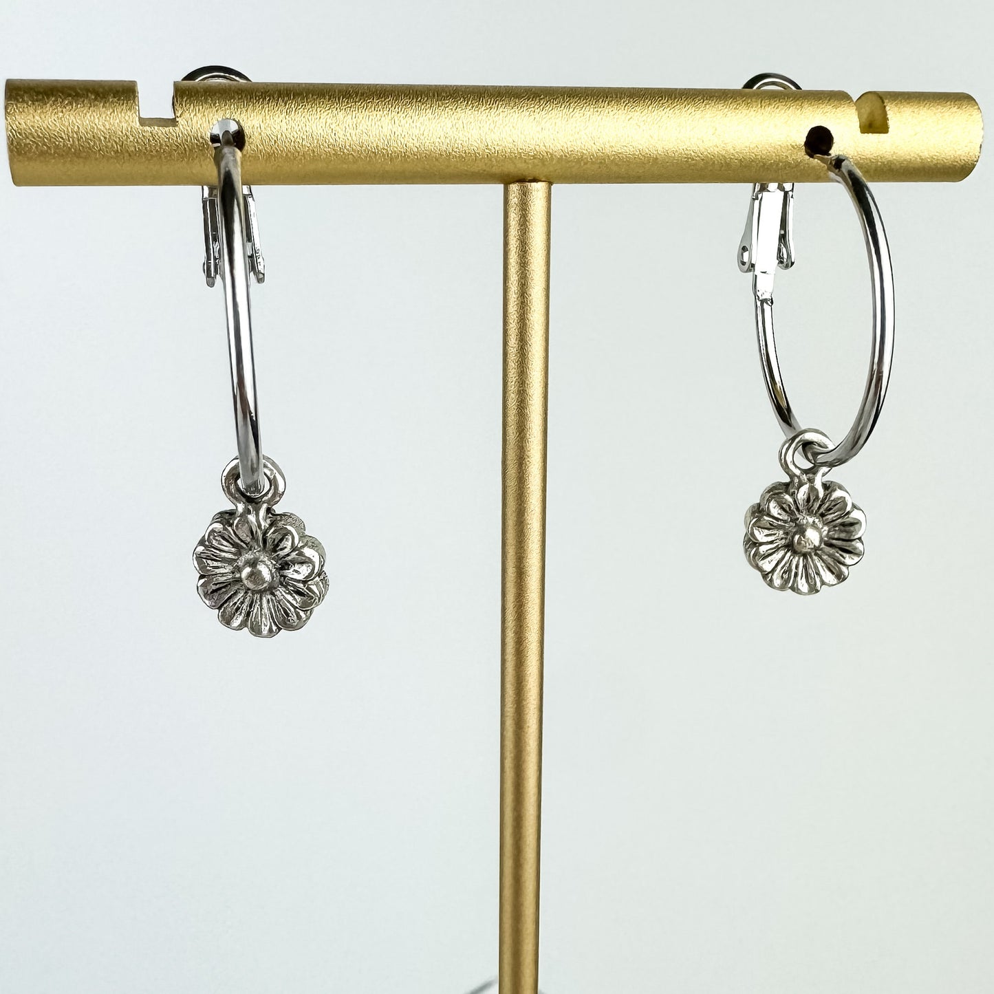 Cute Flower Earring, Nickel-Free Silver Plated Pewter | Lightweight Fun Hoop Earring | Leverback Hoop | Double sided Daisy Hoop