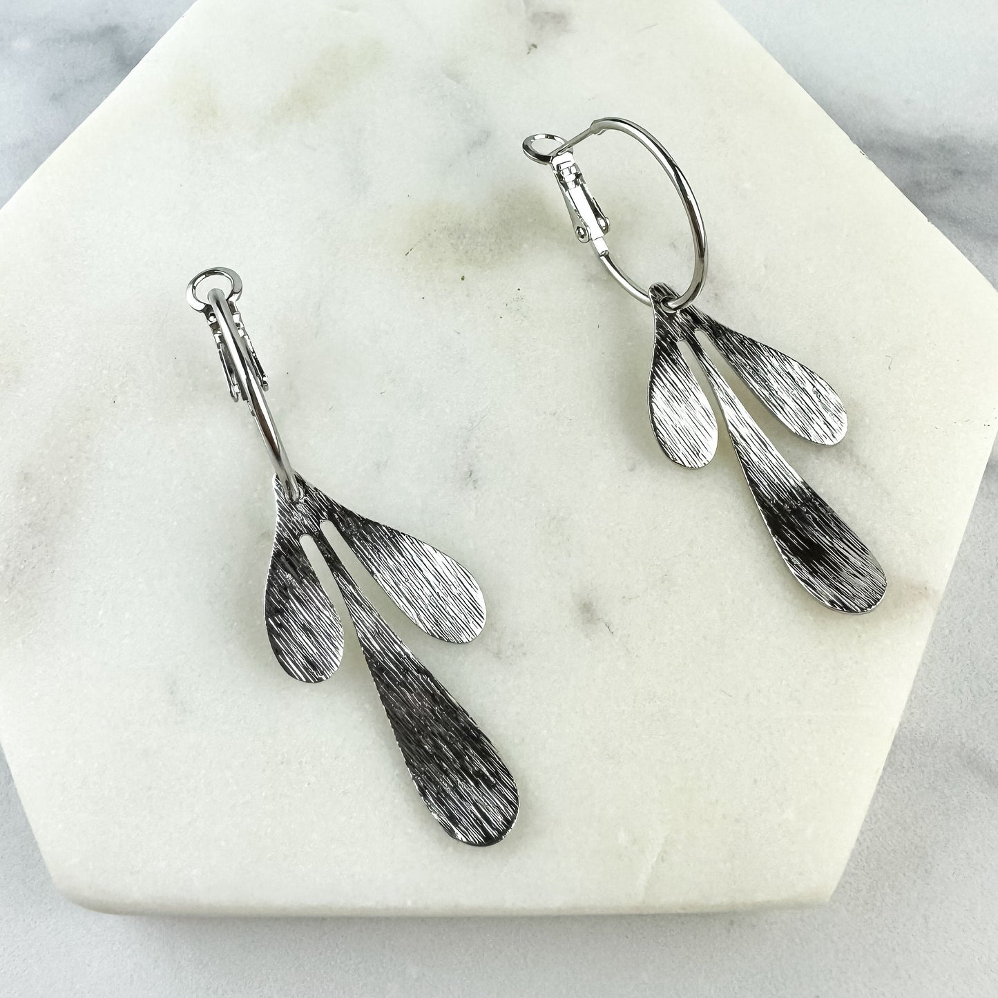 Cute Leaf Earring, Nickel-Free Rhodium (Silver) Plated Brass | Lightweight Earring | Leverback Hoop | Brushed Silver Abstract Leaf Earring