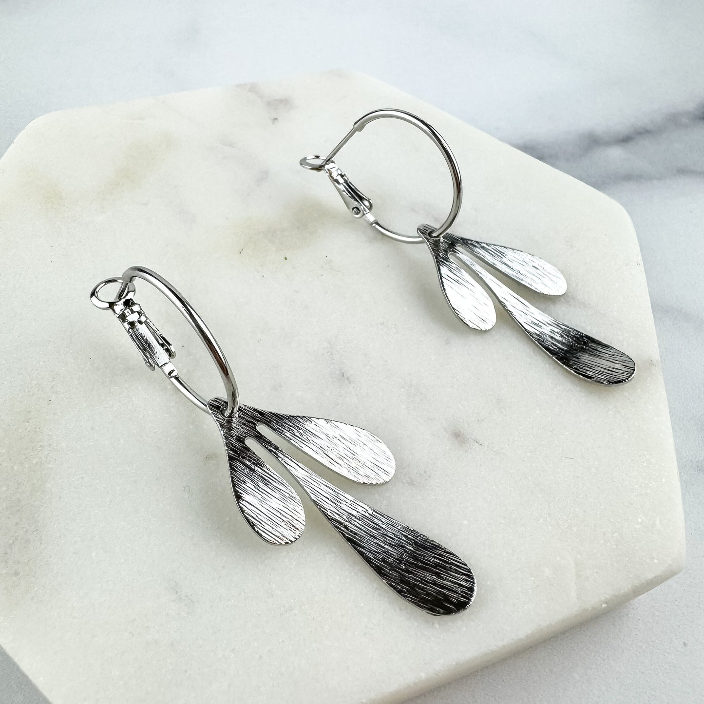 Cute Leaf Earring, Nickel-Free Rhodium (Silver) Plated Brass | Lightweight Earring | Leverback Hoop | Brushed Silver Abstract Leaf Earring