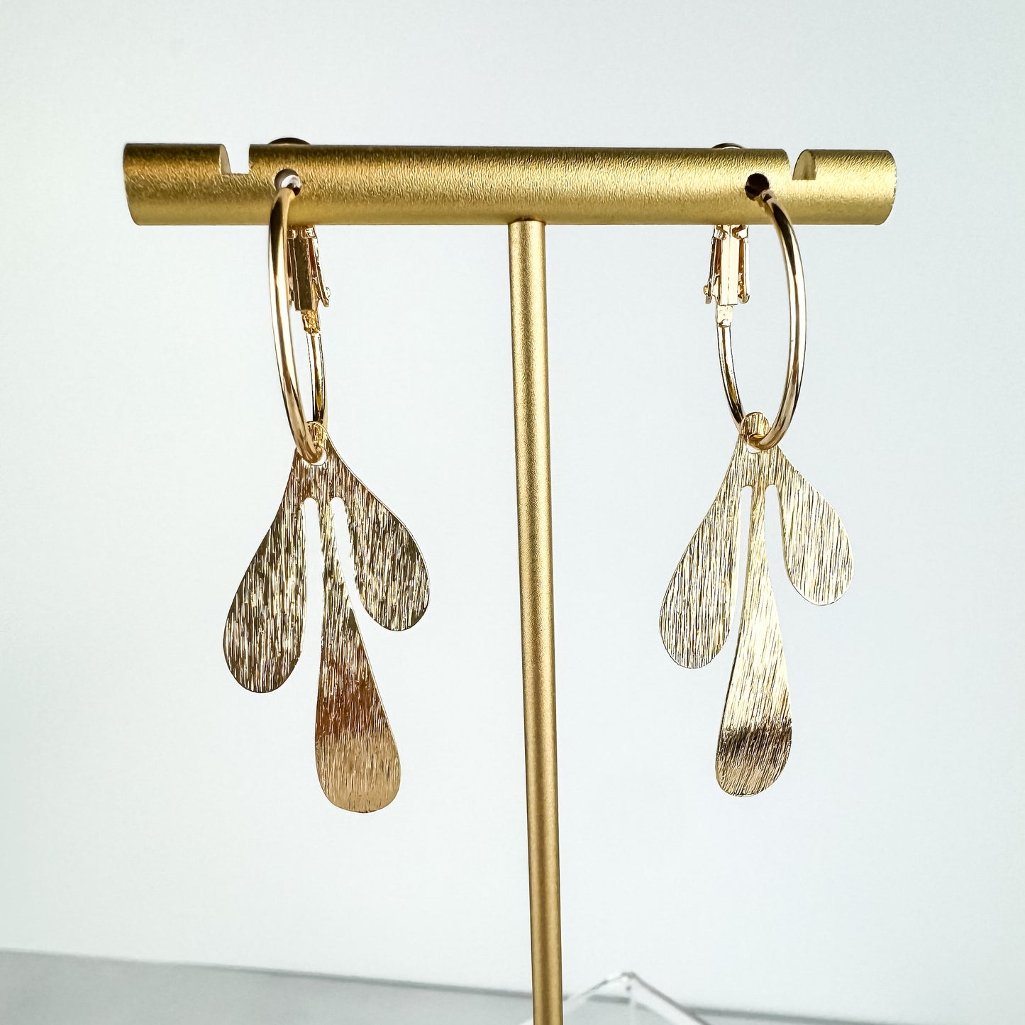 Cute Leaf Earring, Nickel-Free Gold Plated Brass | Lightweight Fun Hoop Earring | Leverback Hoop | Brushed Metal Abstract Leaf Earring