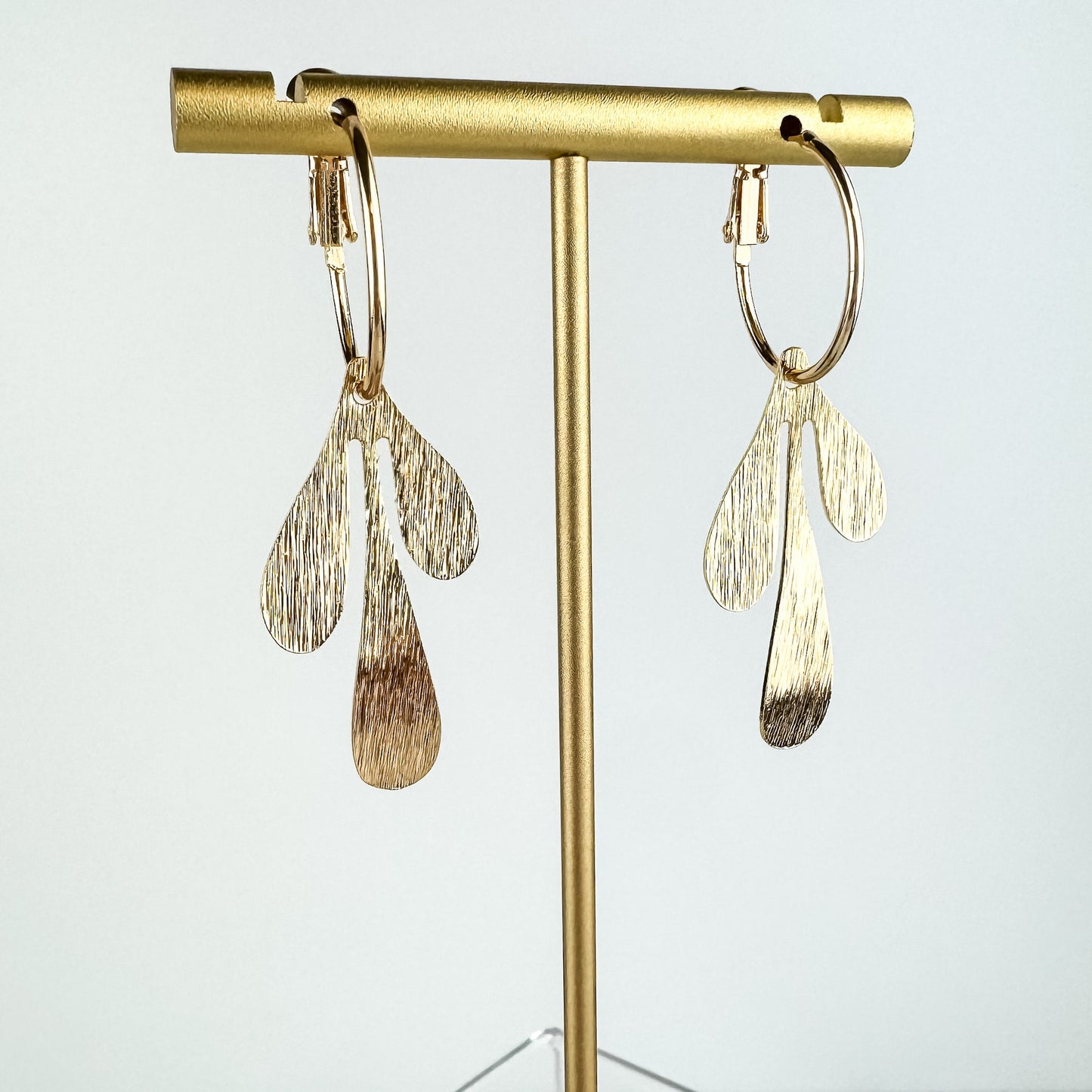 Cute Leaf Earring, Nickel-Free Gold Plated Brass | Lightweight Fun Hoop Earring | Leverback Hoop | Brushed Metal Abstract Leaf Earring