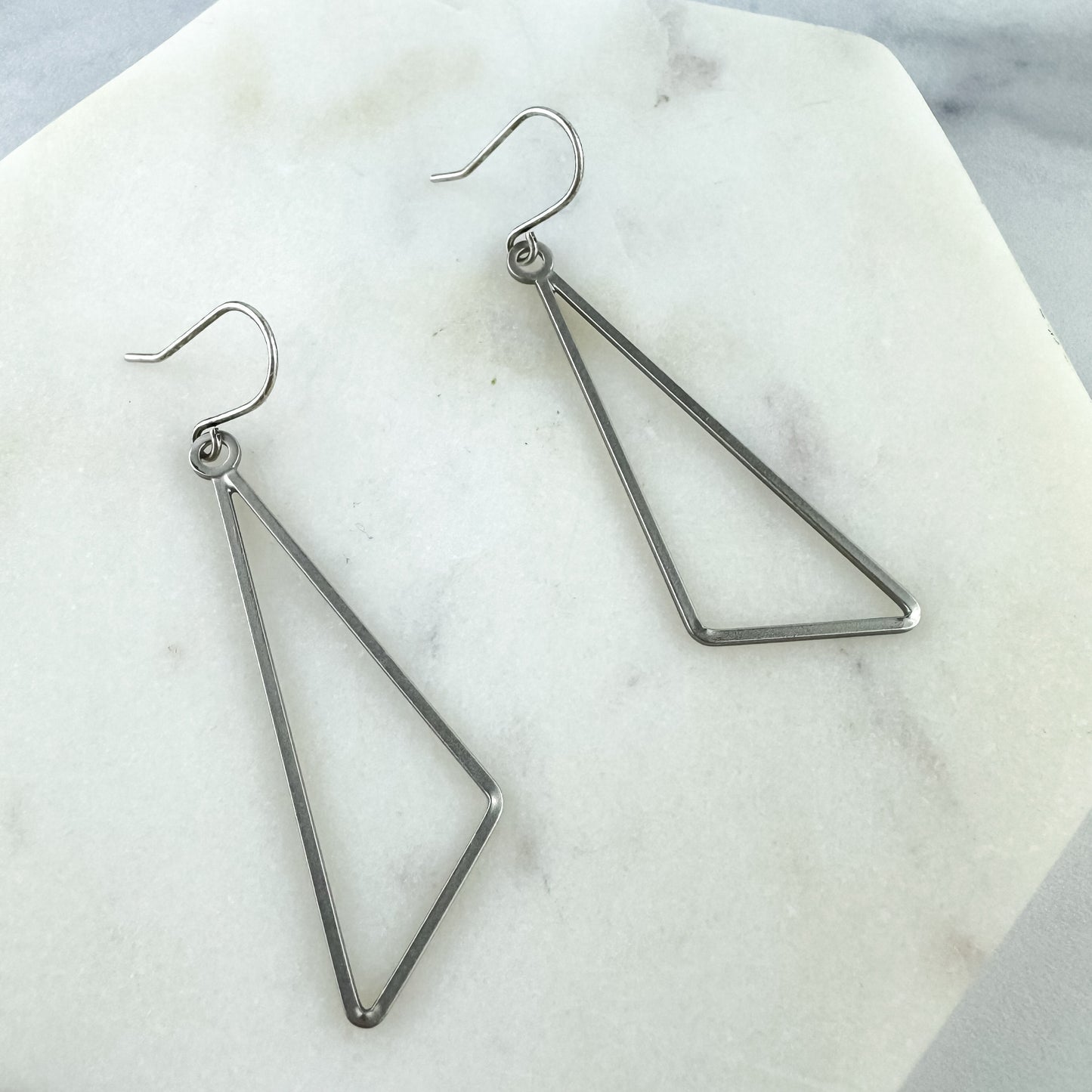 Classic Everyday Earring, Nickel-Free Satin Silver Plated Brass | Lightweight Geometric Silver Drop Earring | Satin Silver Triangle Dangle |
