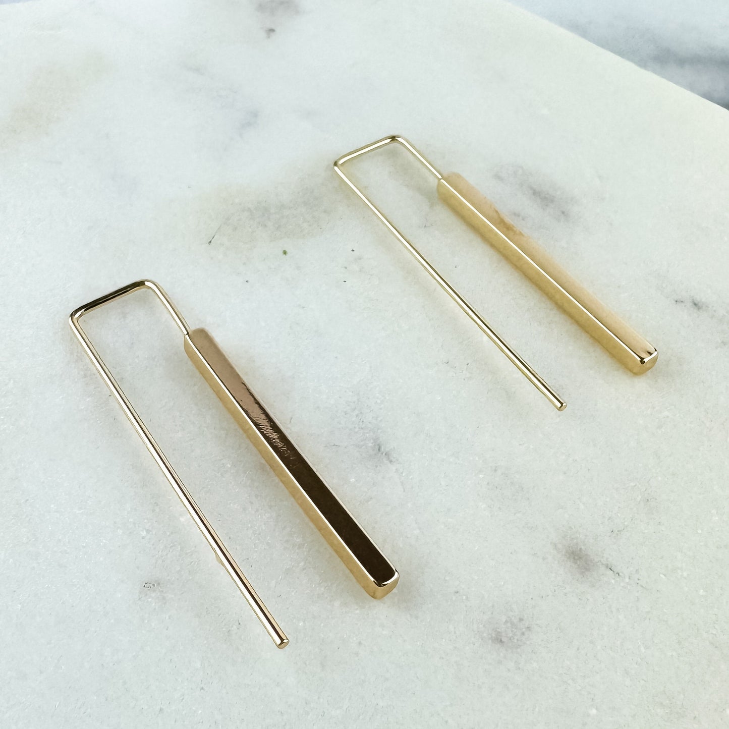 Geometric Gold Stick Drop Earring, Nickel-Free Gold Plated Brass | Lightweight Gold Long Dangle Earring