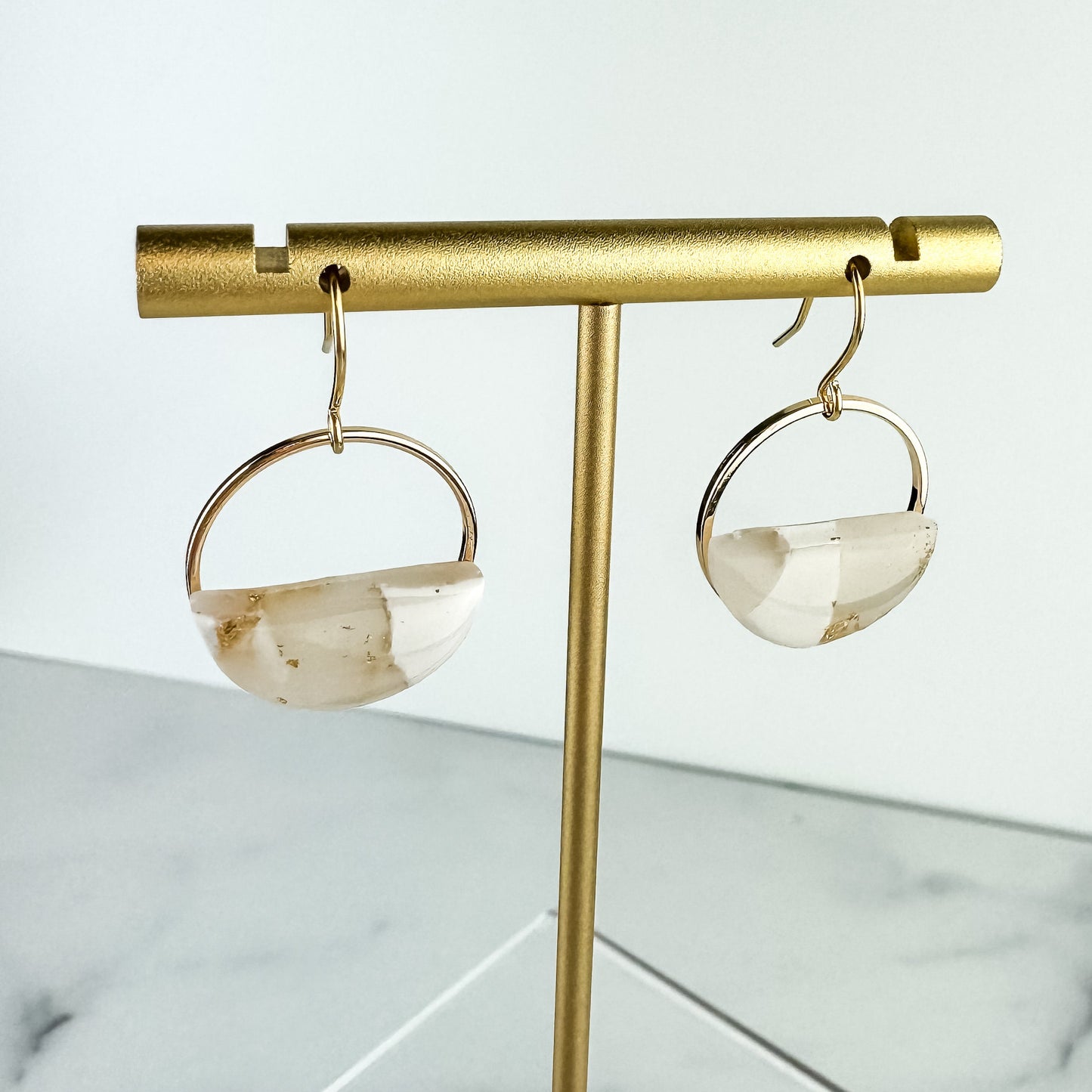 White and Translucent Clay Circle Statement Earring, Polymer Clay Drop Earring, Light Shine Jewelry | Lightweight Dangle