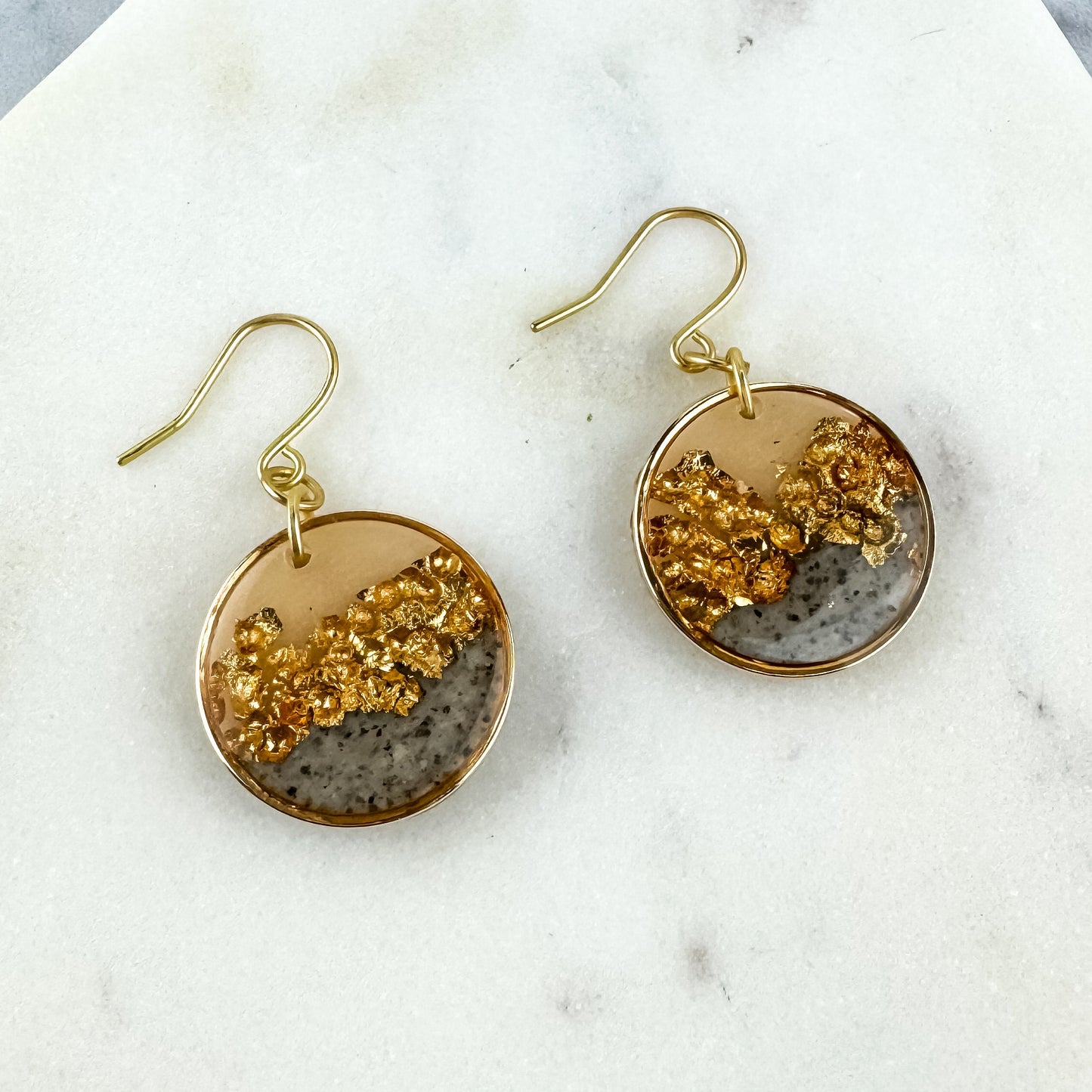 Gray & Neutral, Hammered Gold Look Clay Lynda Circle Shape Drop Earring | Textured Clay Dangle Earring | Lightweight Statement Earring