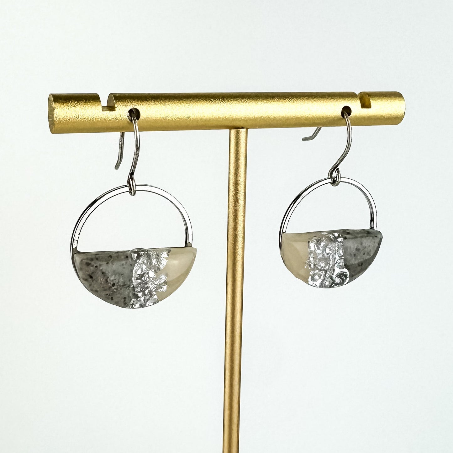 Silver Hammered Gray & Translucent Clay Circle Statement Earring, Polymer Clay Drop Earring, Light Shine Jewelry | Lightweight Dangle