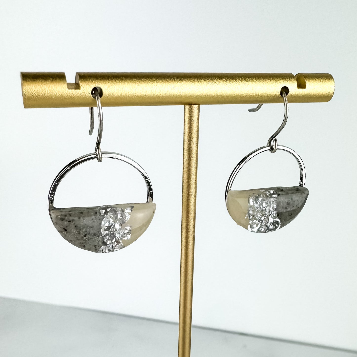 Silver Hammered Gray & Translucent Clay Circle Statement Earring, Polymer Clay Drop Earring, Light Shine Jewelry | Lightweight Dangle
