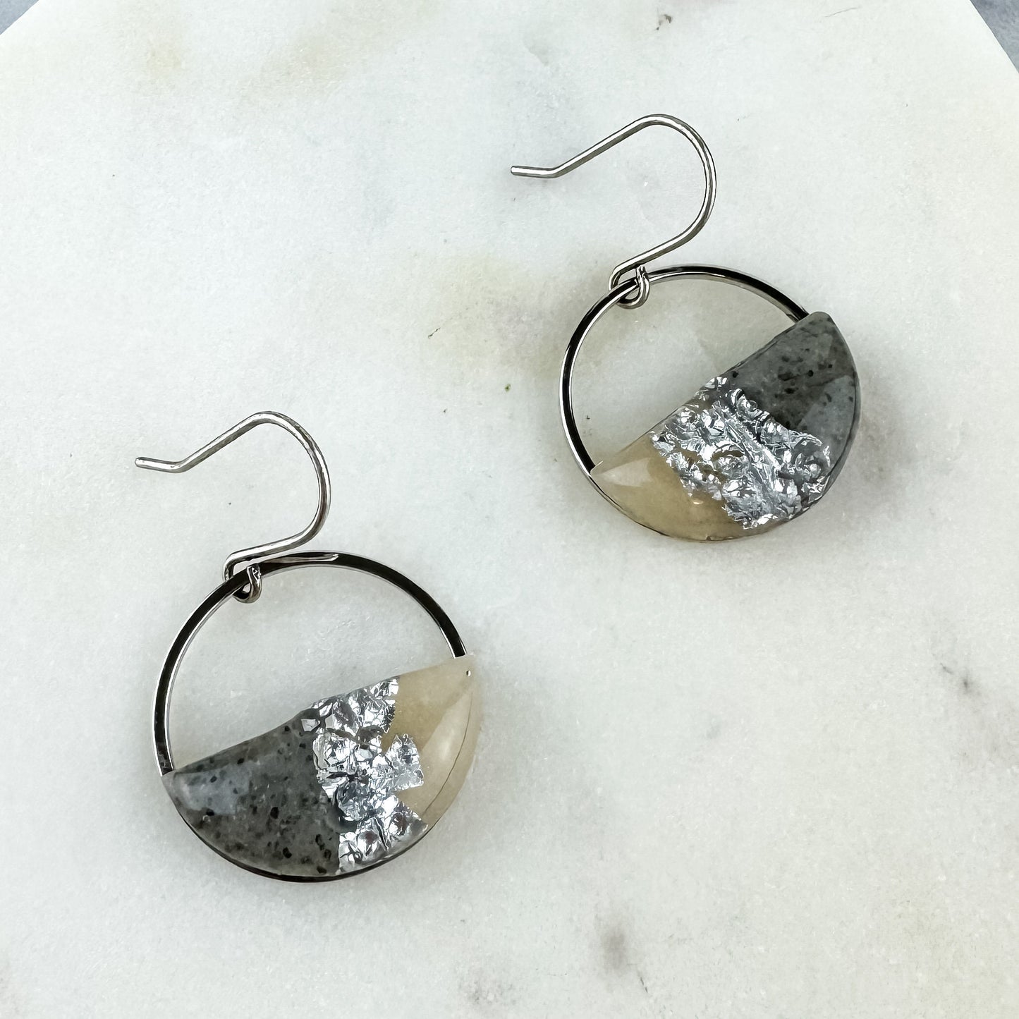 Silver Hammered Gray & Translucent Clay Circle Statement Earring, Polymer Clay Drop Earring, Light Shine Jewelry | Lightweight Dangle