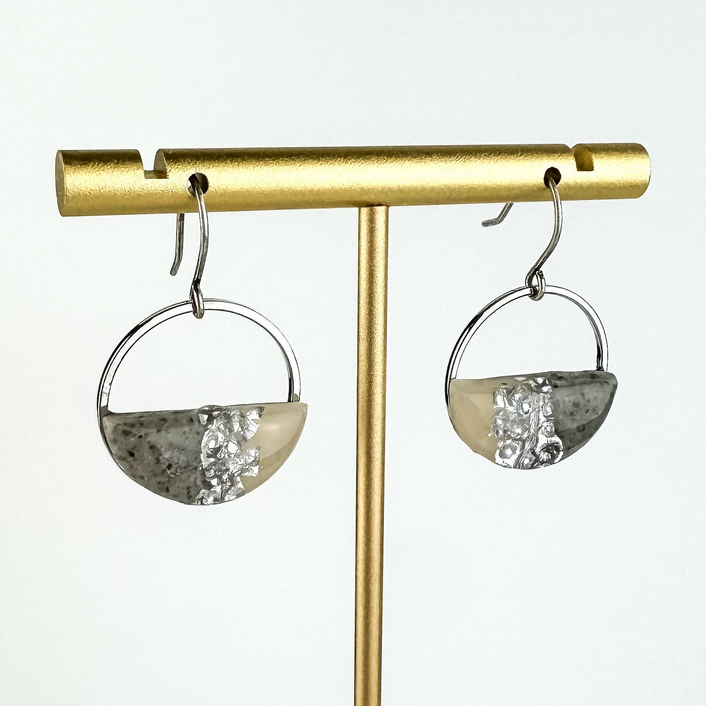 Silver Hammered Gray & Translucent Clay Circle Statement Earring, Polymer Clay Drop Earring, Light Shine Jewelry | Lightweight Dangle